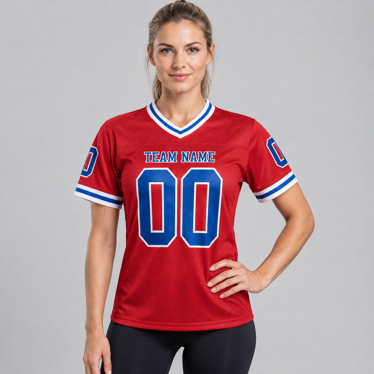Custom Red Mesh Authentic Football Jersey with Royal and White Lettering Design 0815 worn by female model