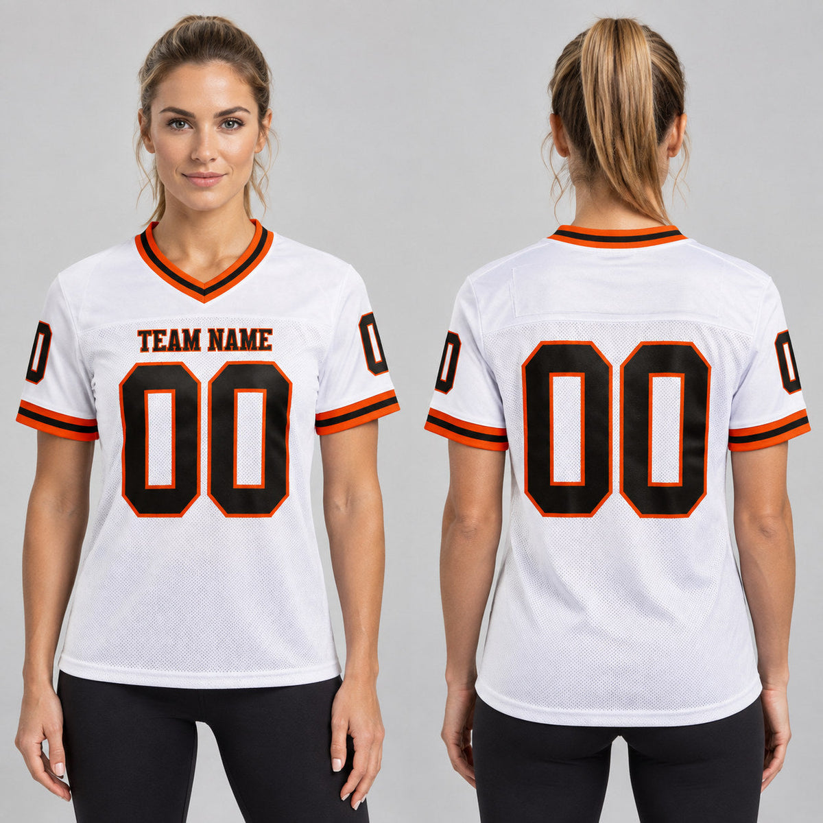 Custom White Mesh Authentic Football Jersey with Black and Orange Lettering Design 1952 worn by female model