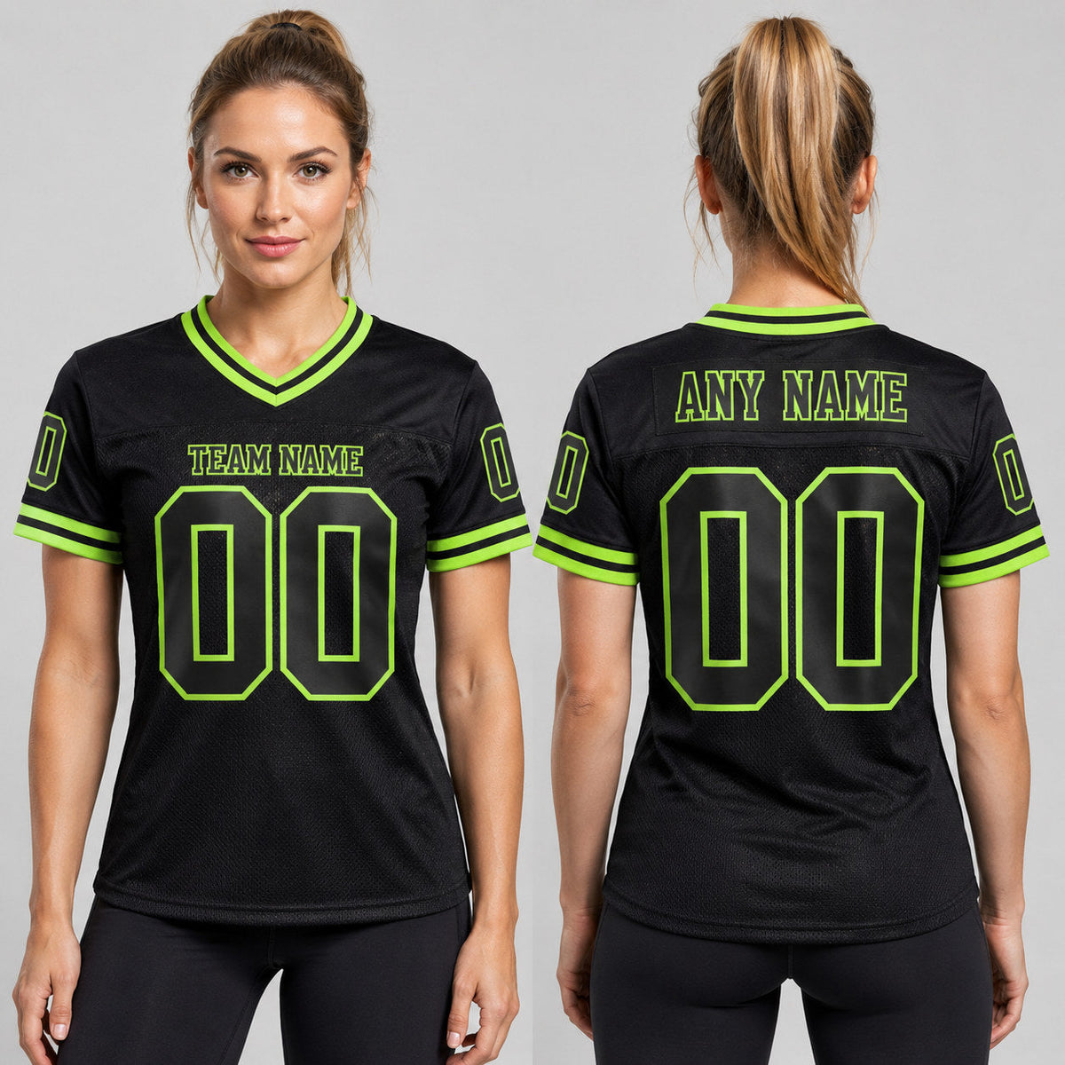 Custom Black Mesh Authentic Football Jersey with Neon Green Lettering Design 2384 worn by female model