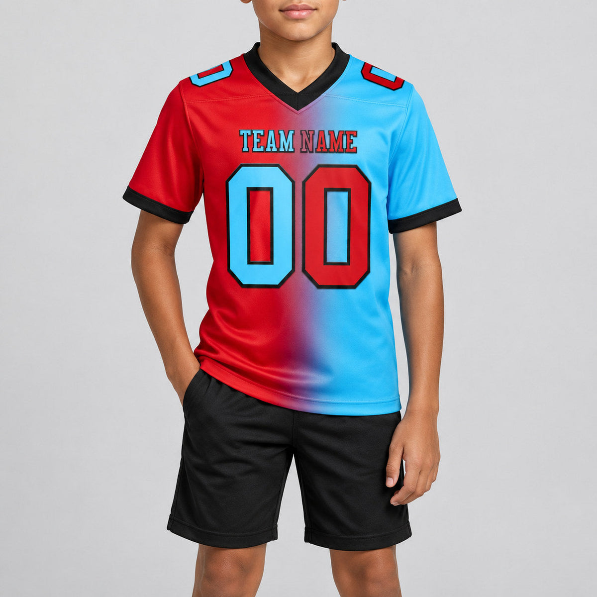 Custom Sky Blue Gradient Authentic Football Jersey with Red and Black Lettering youth size worn by child model