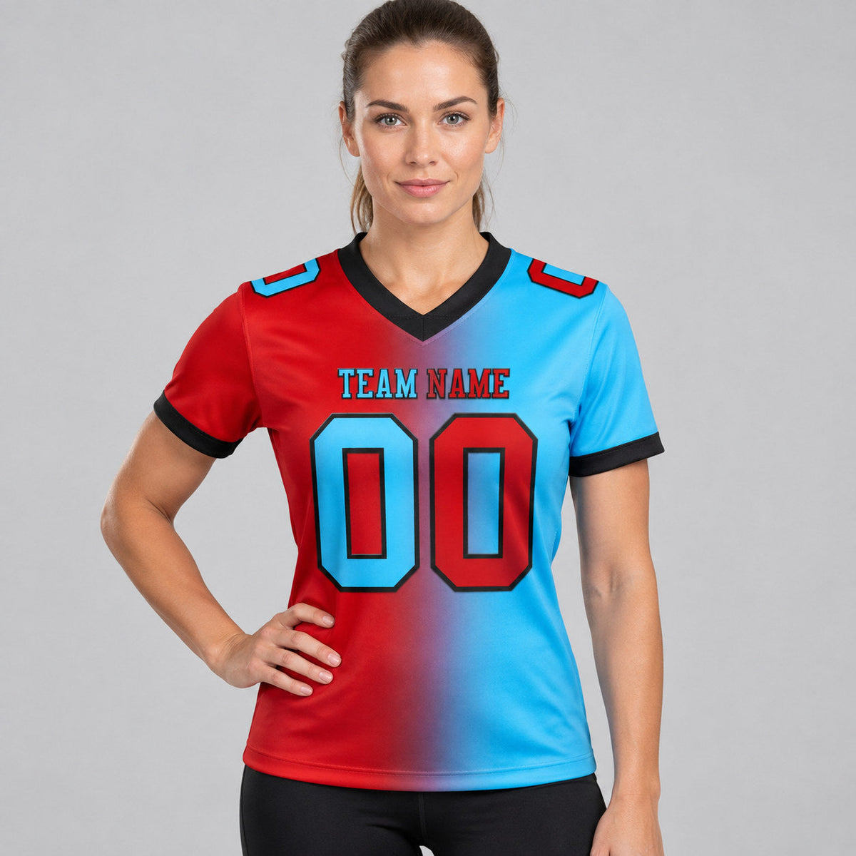 Custom Sky Blue Gradient Authentic Football Jersey with Red and Black Lettering worn by female model