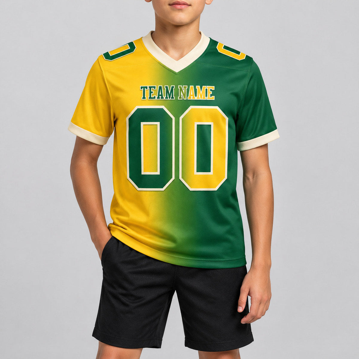 Custom Green Gradient Authentic Football Jersey with Gold and Cream Lettering youth size worn by child model