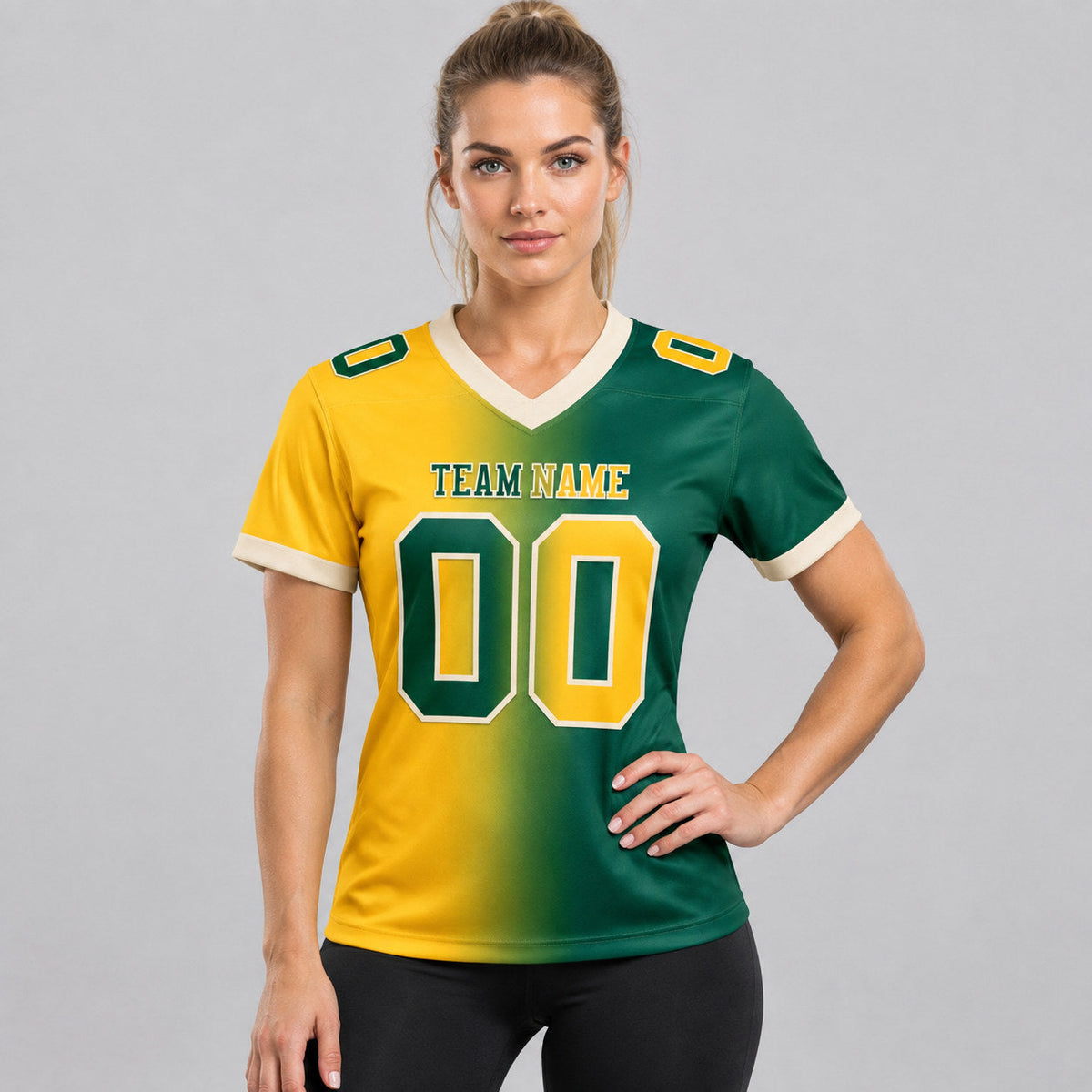 Custom Green Gradient Authentic Football Jersey with Gold and Cream Lettering worn by female model