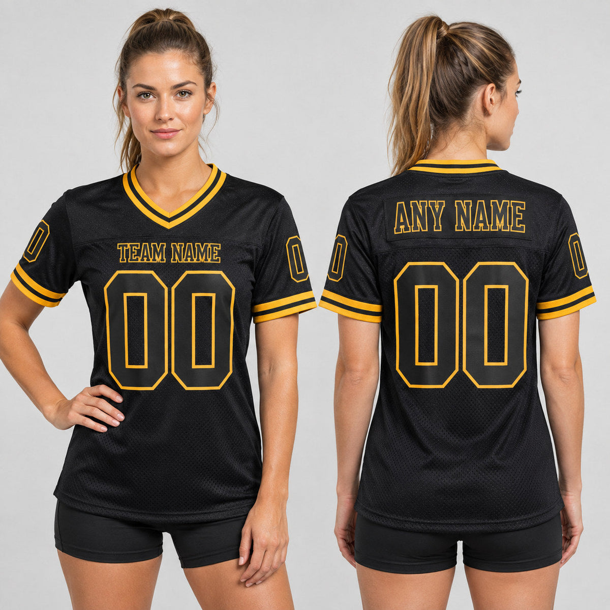 Custom Black Mesh Authentic Football Jersey with Old Gold Lettering Design 2371 worn by female model