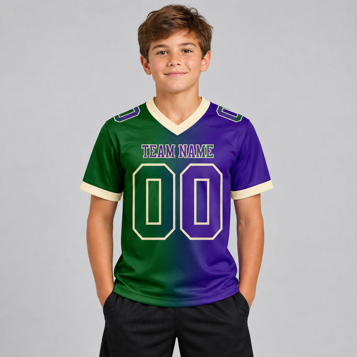 Custom Green Gradient Authentic Football Jersey with Purple and Cream Lettering youth size worn by child model