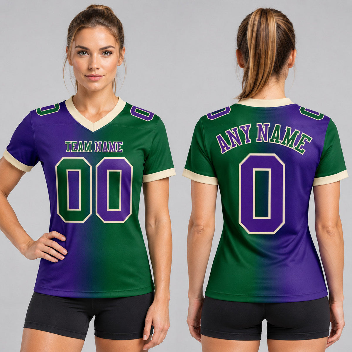Custom Green Gradient Authentic Football Jersey with Purple and Cream Lettering worn by female model