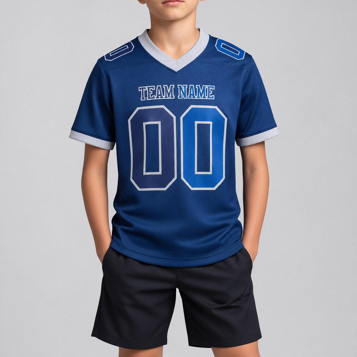 Custom Navy Gradient Authentic Football Jersey with Royal and Gray Lettering youth size worn by child model
