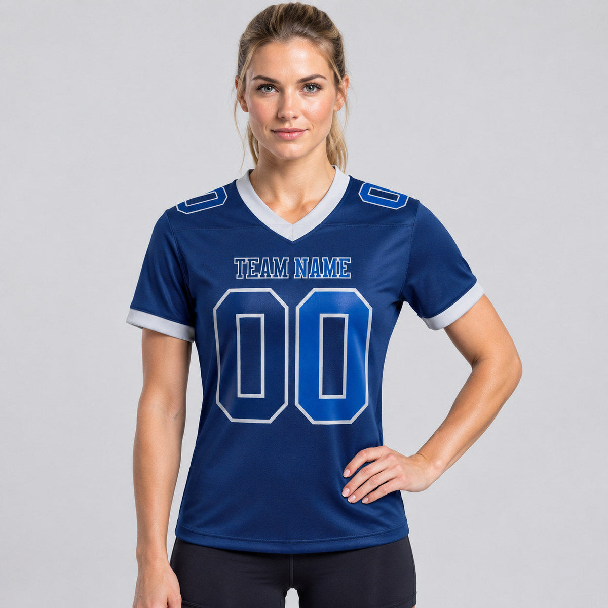 Custom Navy Gradient Authentic Football Jersey with Royal and Gray Lettering worn by female model