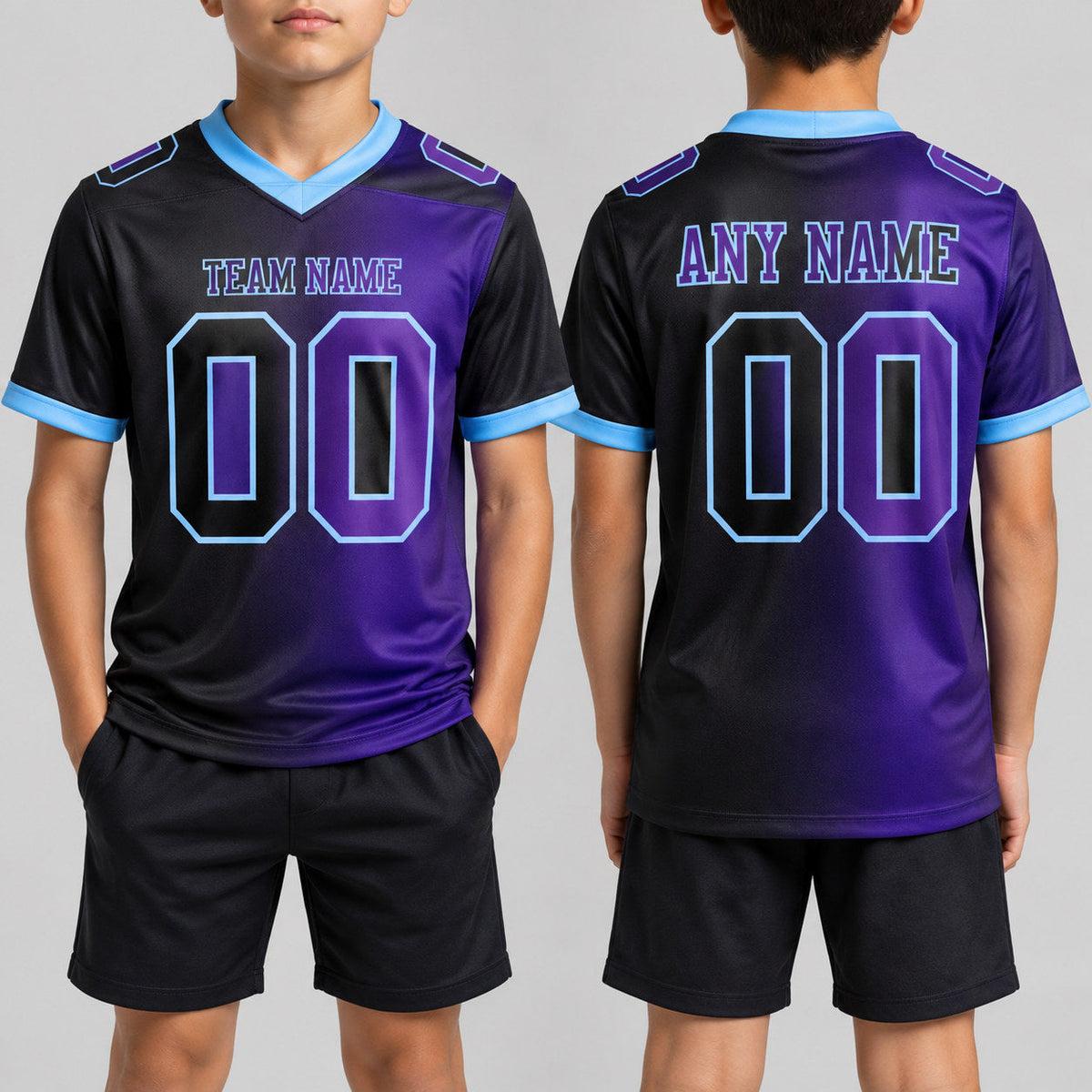 Custom Black Gradient Authentic Football Jersey with Purple and Light Blue Lettering youth size worn by child model
