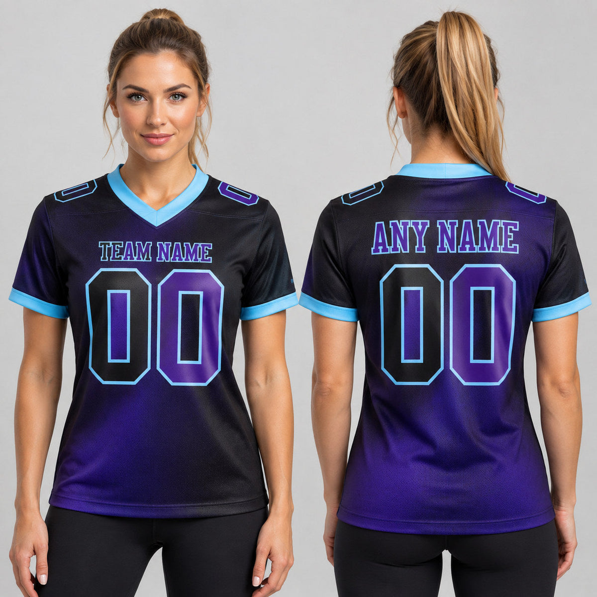 Custom Black Gradient Authentic Football Jersey with Purple and Light Blue Lettering worn by female model