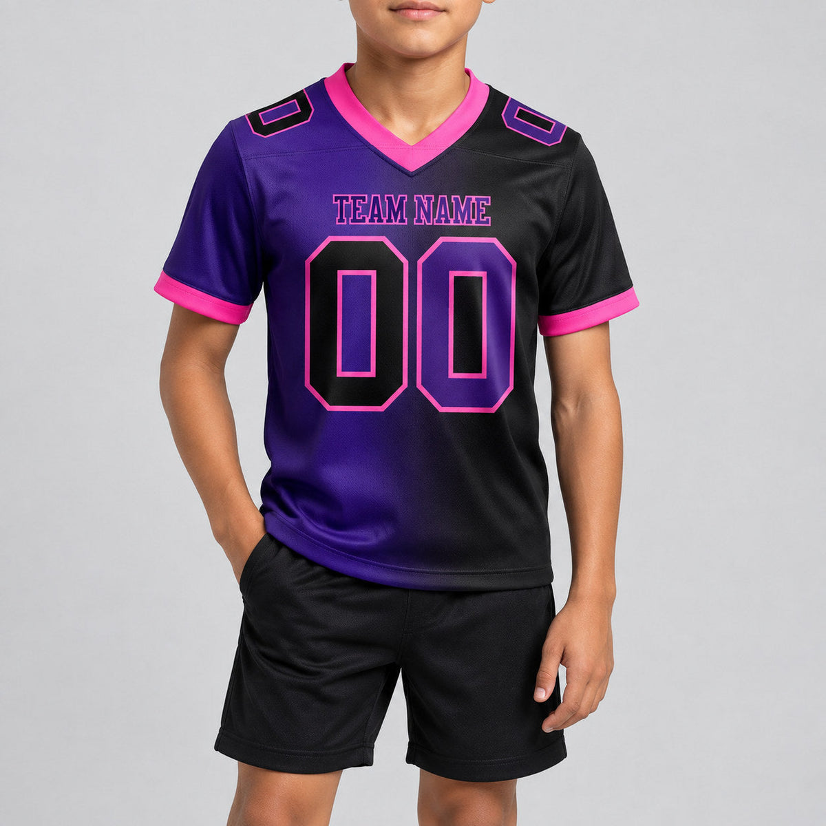 Custom Black Gradient Authentic Football Jersey with Purple and Pink Lettering youth size worn by child model