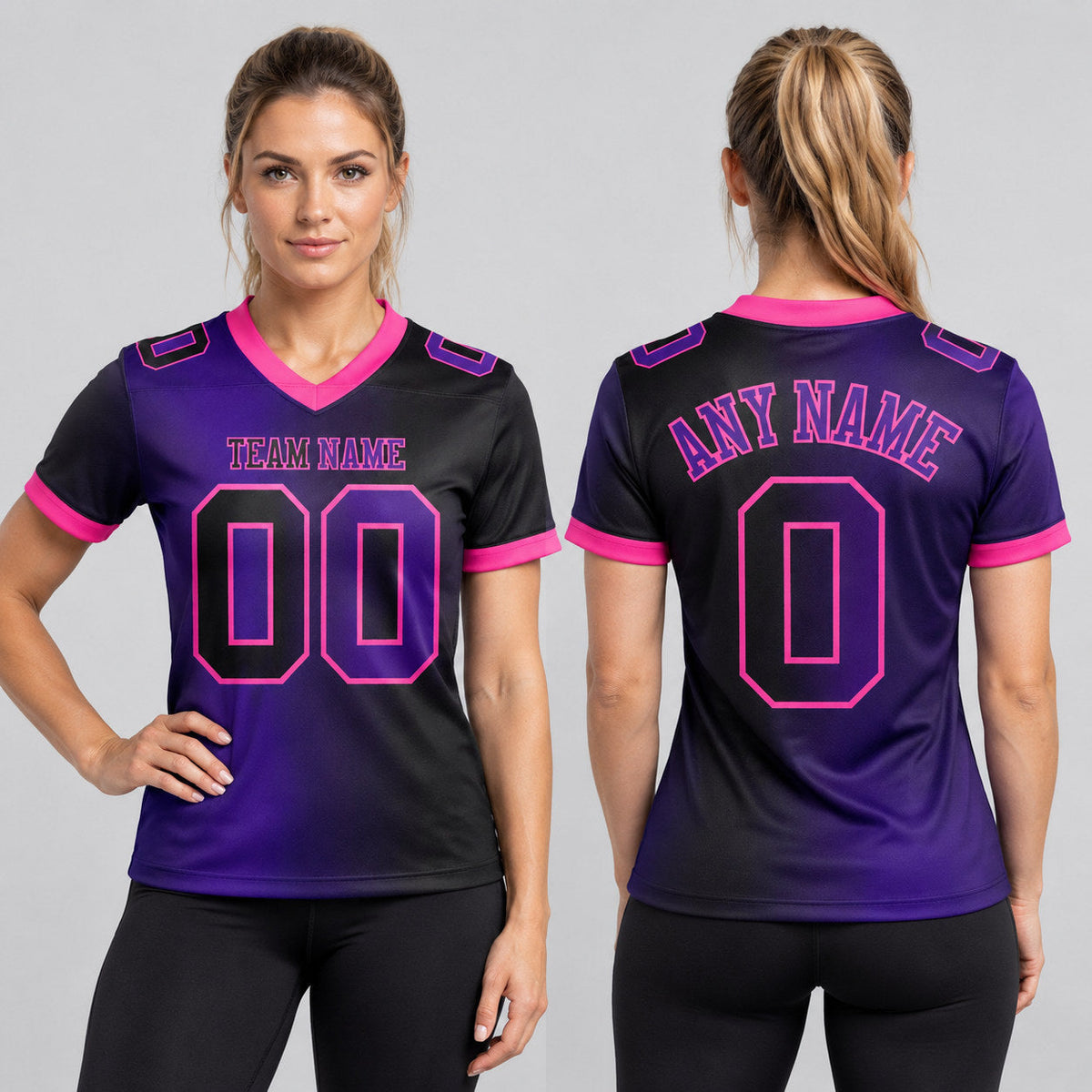 Custom Black Gradient Authentic Football Jersey with Purple and Pink Lettering worn by female model