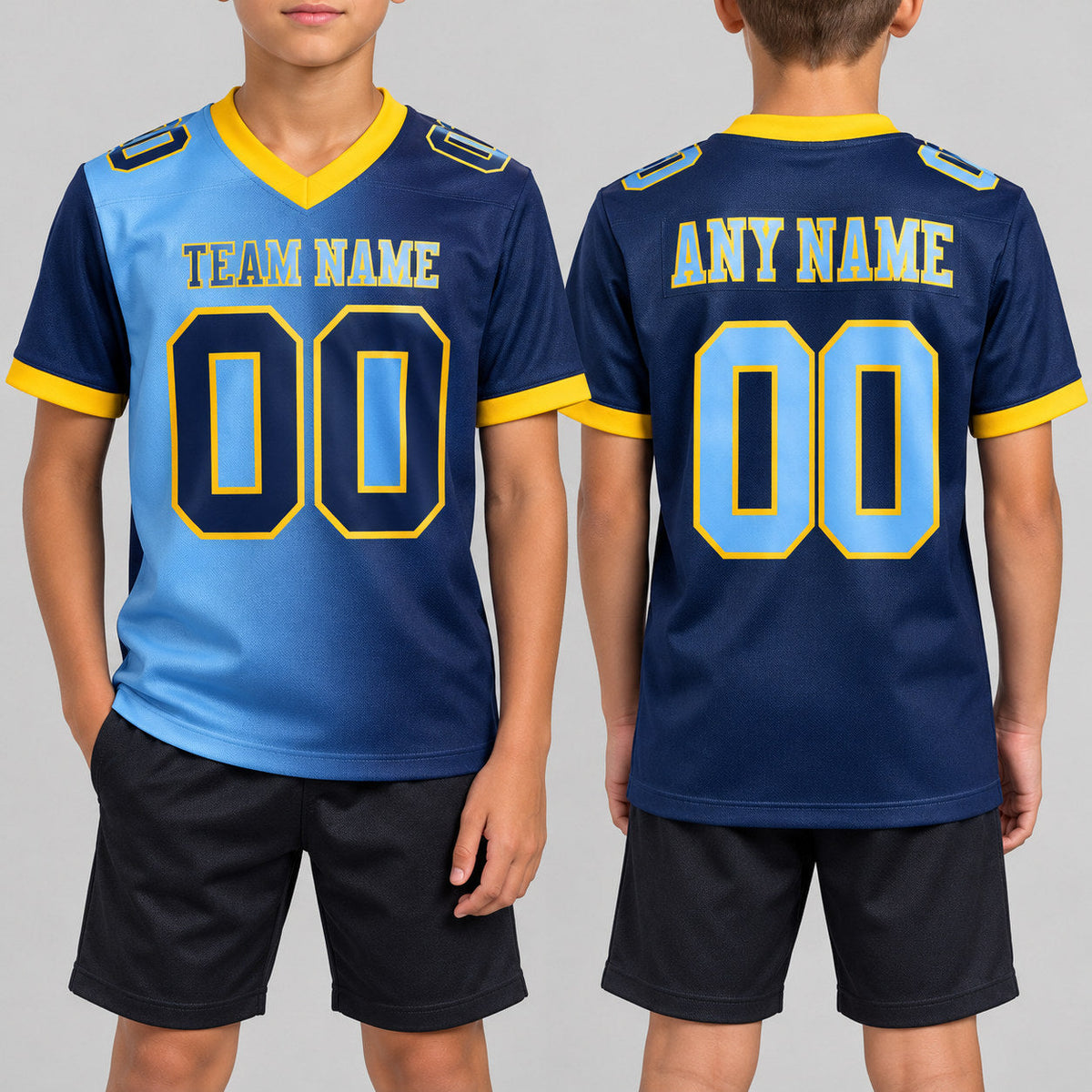 Custom Navy Gradient Authentic Football Jersey with Light Blue and Gold Lettering youth size worn by child model