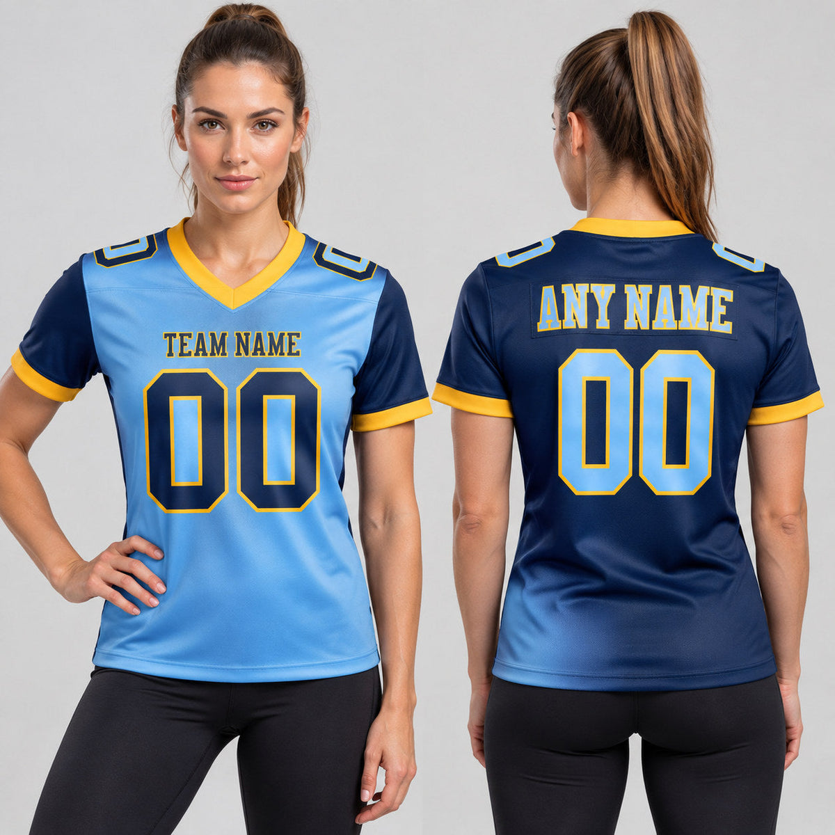 Custom Navy Gradient Authentic Football Jersey with Light Blue and Gold Lettering worn by female model