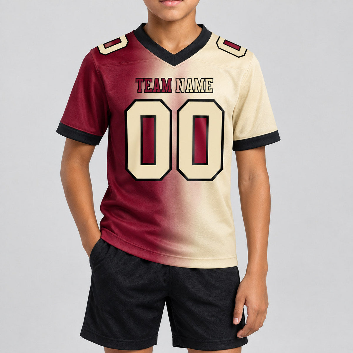 Custom Maroon Gradient Authentic Football Jersey with Cream and Black Lettering youth size worn by child model