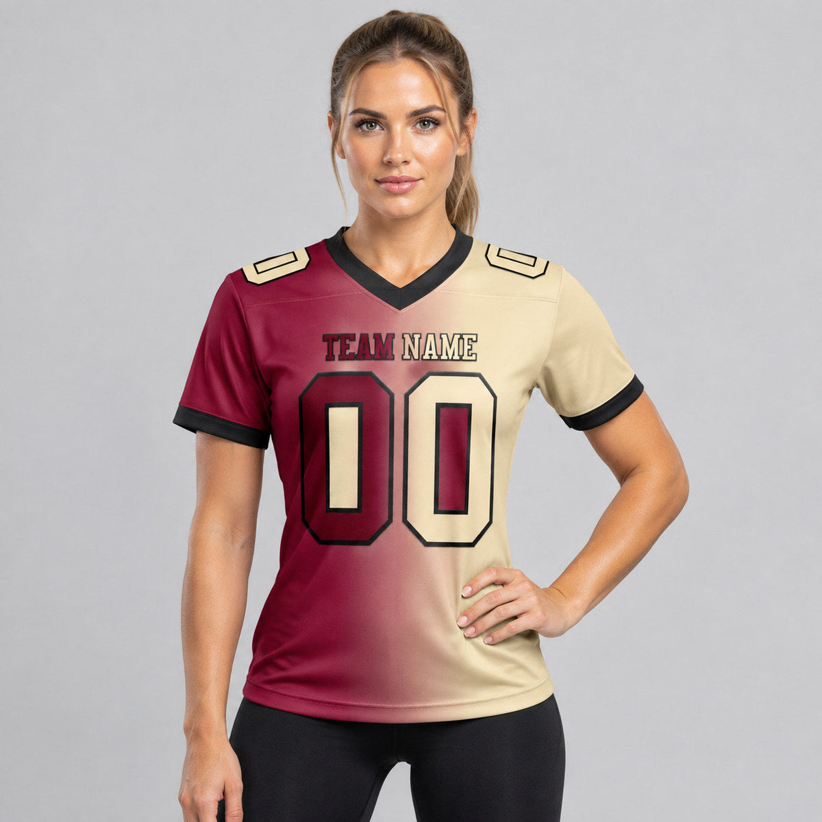 Custom Maroon Gradient Authentic Football Jersey with Cream and Black Lettering worn by female model