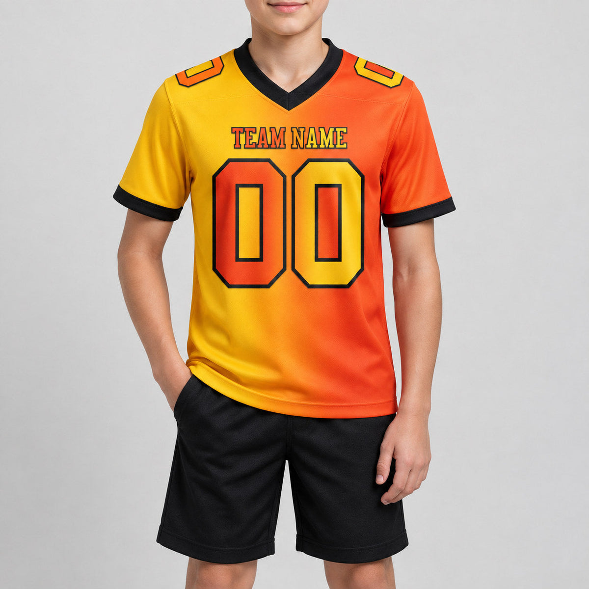 Custom Orange Gradient Authentic Football Jersey with Yellow and Black Lettering youth size worn by child model