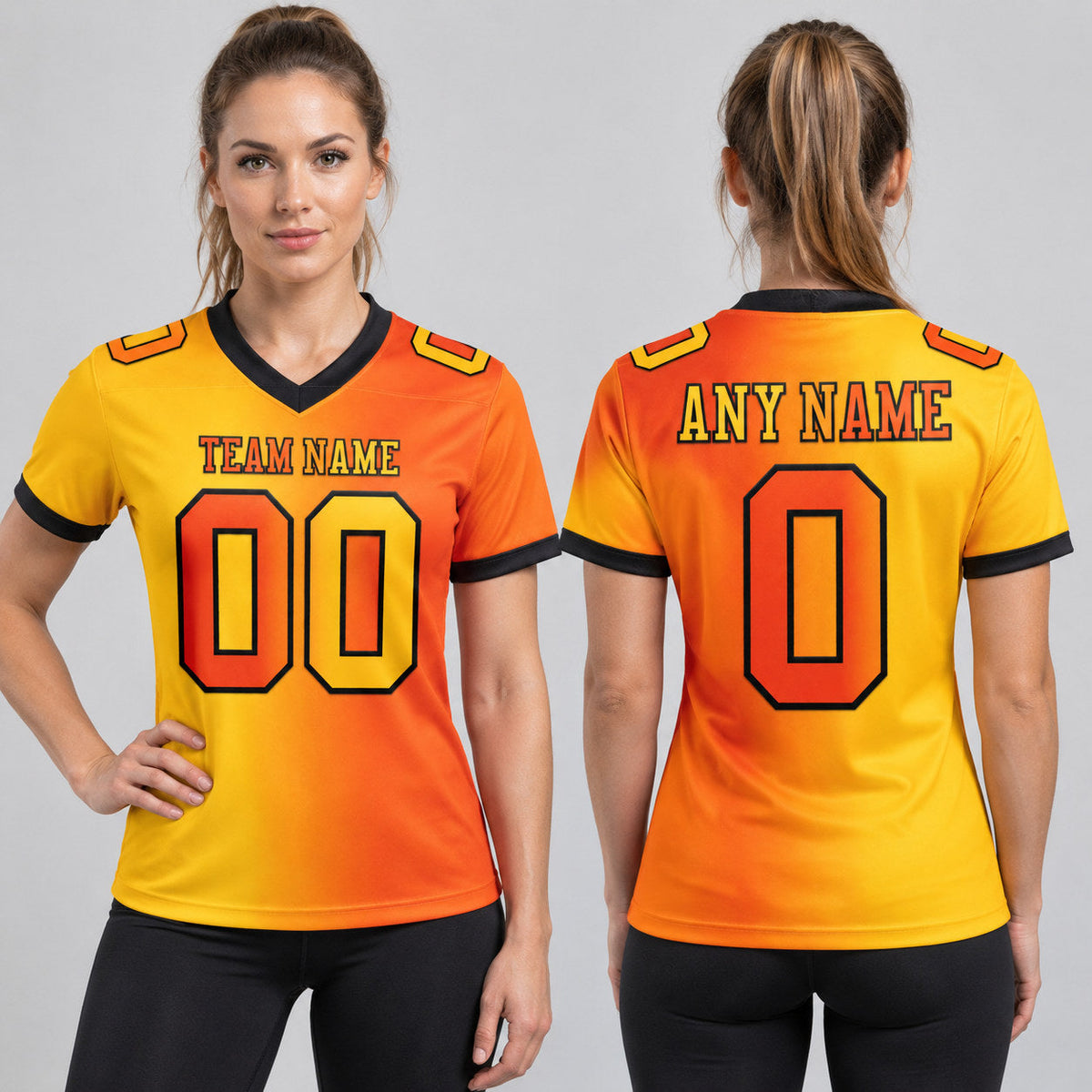 Custom Orange Gradient Authentic Football Jersey with Yellow and Black Lettering worn by female model
