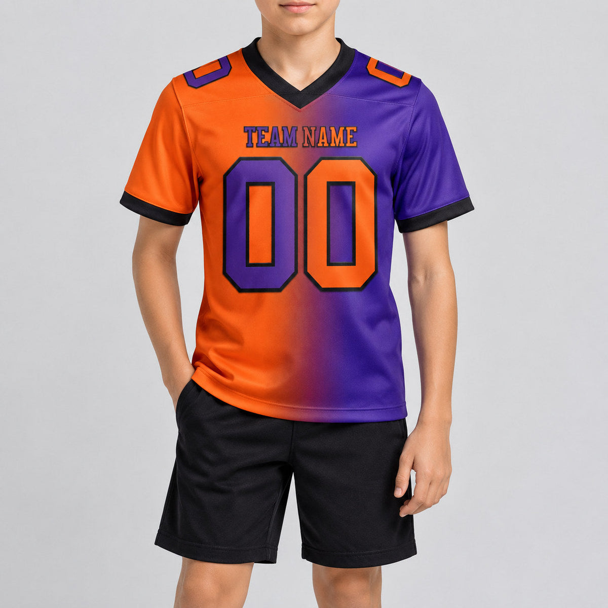 Custom Purple Gradient Authentic Football Jersey with Orange and Black Lettering youth size worn by child model
