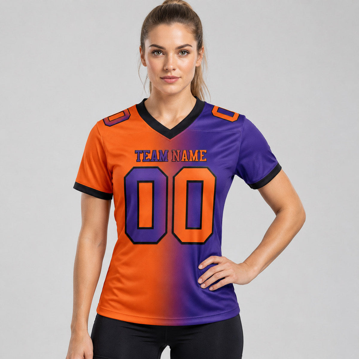 Custom Purple Gradient Authentic Football Jersey with Orange and Black Lettering worn by female model