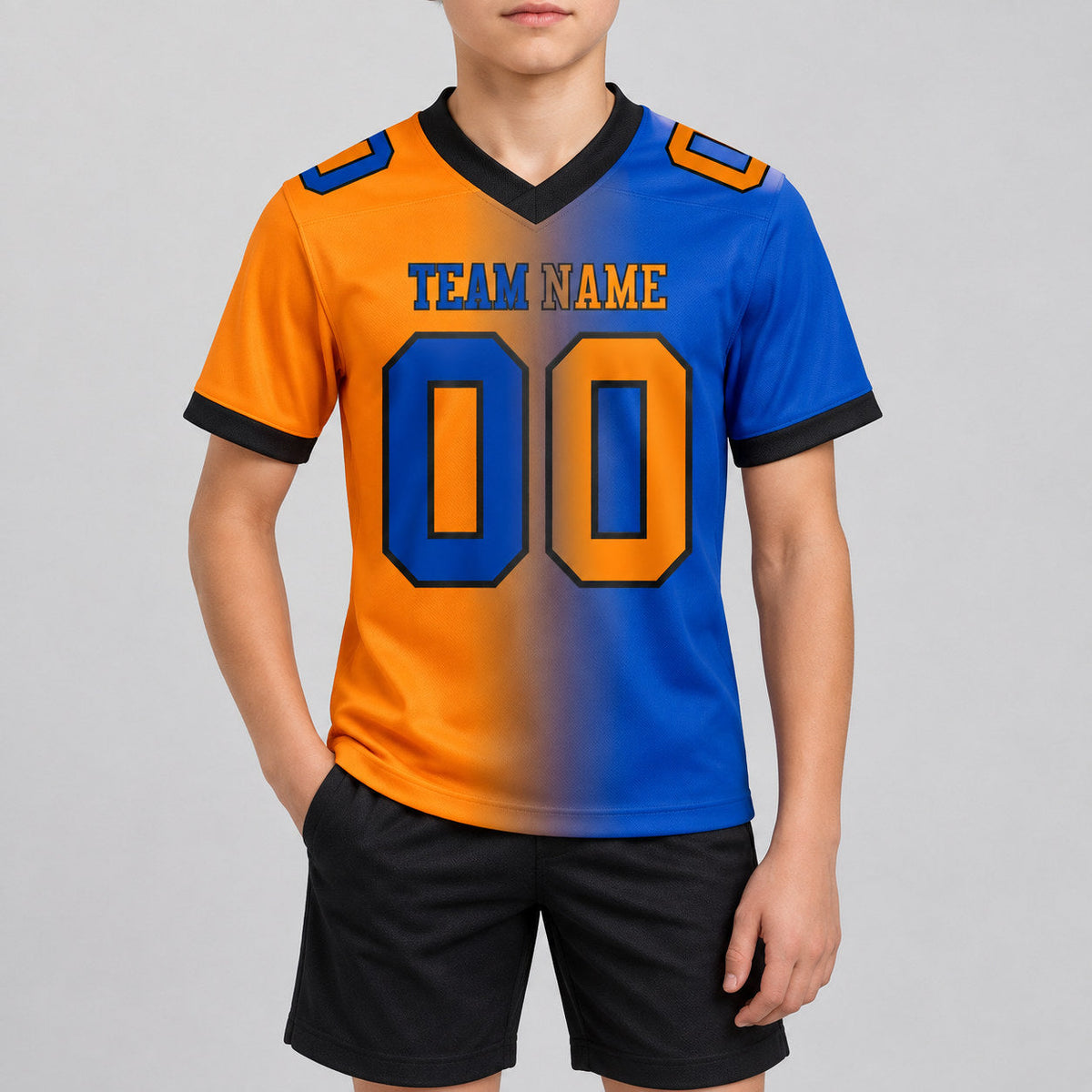 Custom Thunder Blue Gradient Authentic Football Jersey with Bay Orange and Black Lettering youth size worn by child model