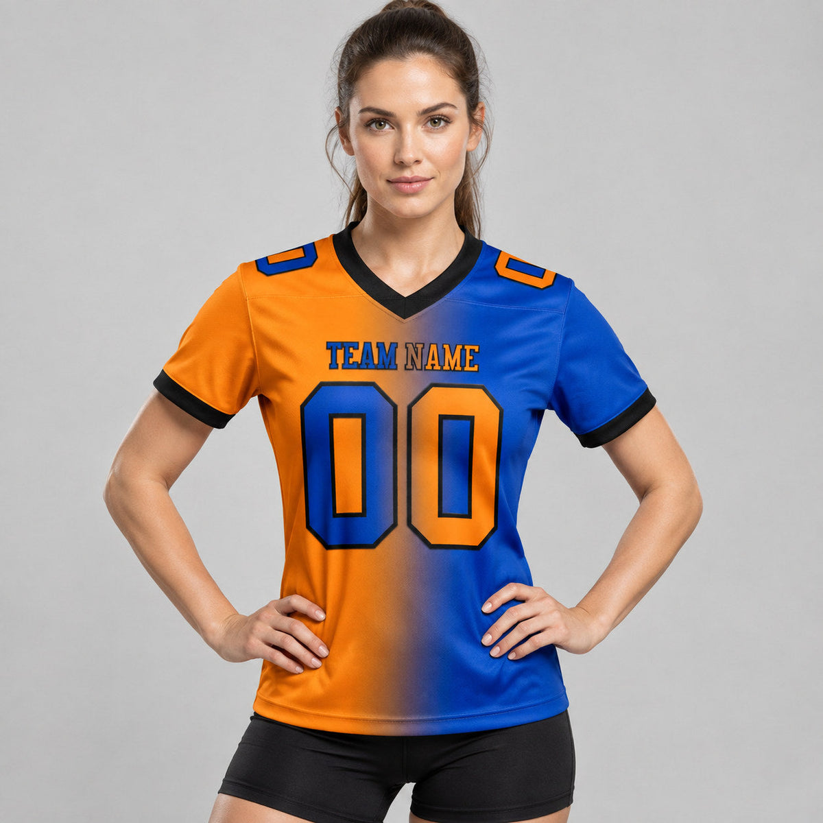 Custom Thunder Blue Gradient Authentic Football Jersey with Bay Orange and Black Lettering worn by female model
