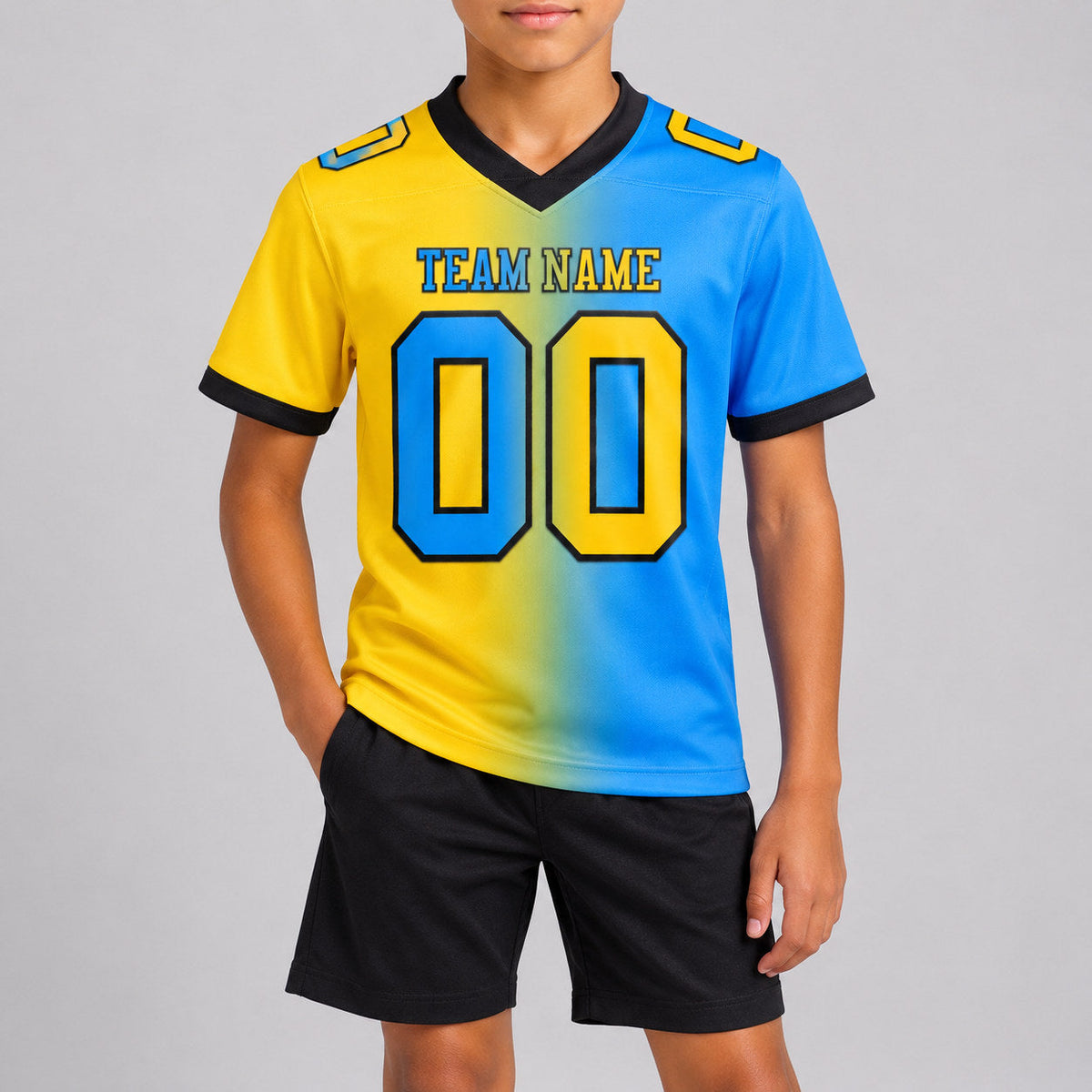 Custom Powder Blue Gradient Authentic Football Jersey with Yellow and Black Lettering youth size worn by child model