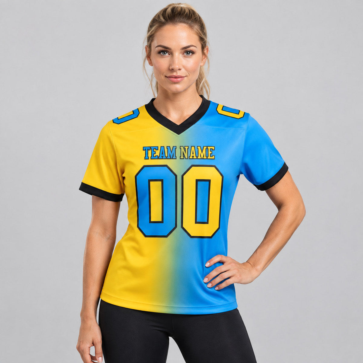 Custom Powder Blue Gradient Authentic Football Jersey with Yellow and Black Lettering worn by female model