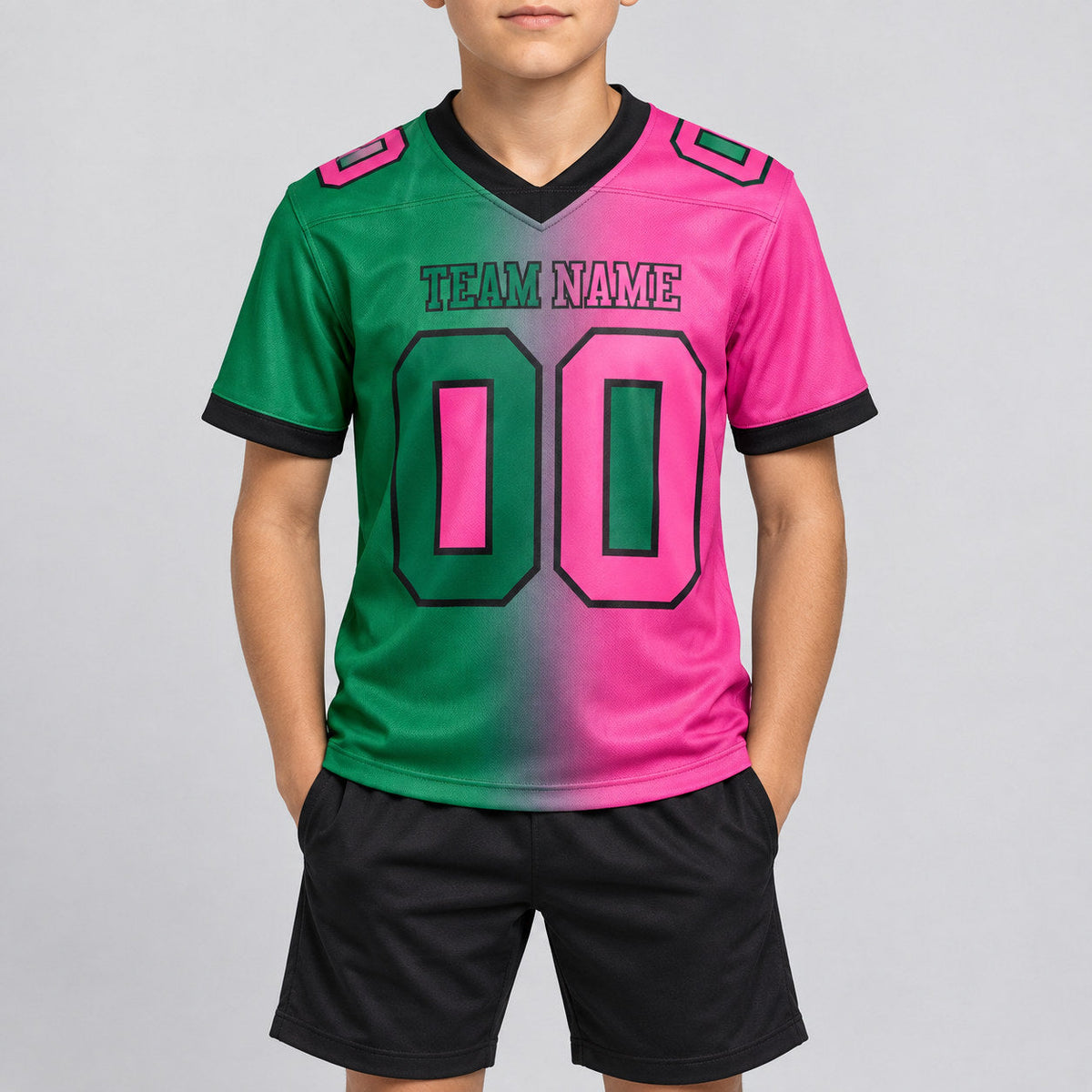 Custom Kelly Green Gradient Authentic Football Jersey with Pink and Black Lettering youth size worn by child model