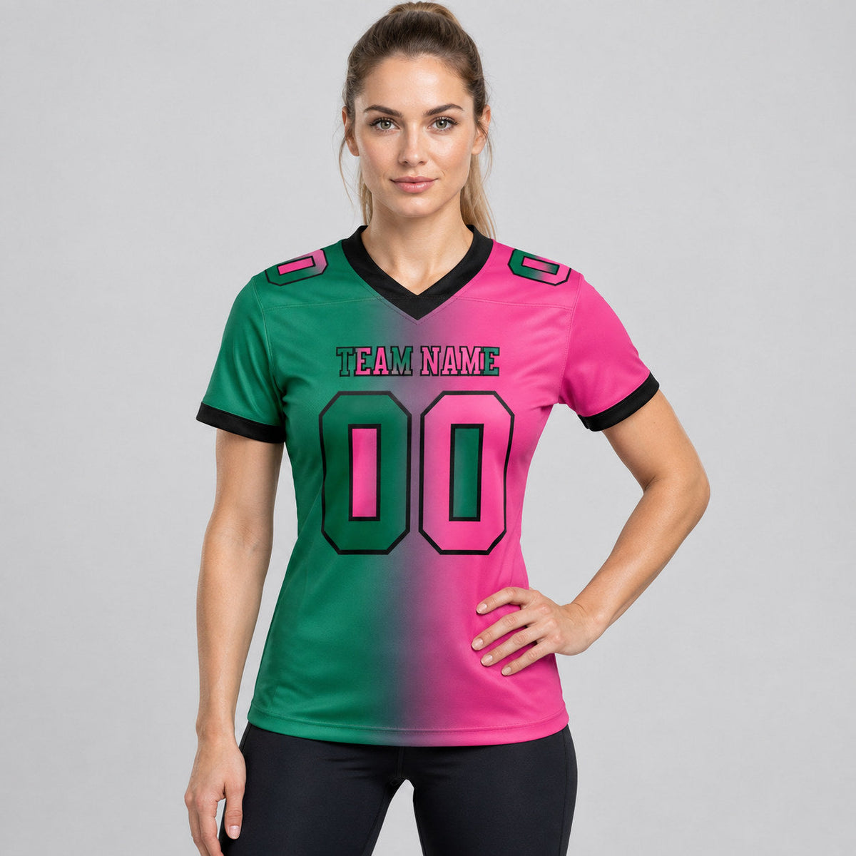 Custom Kelly Green Gradient Authentic Football Jersey with Pink and Black Lettering worn by female model