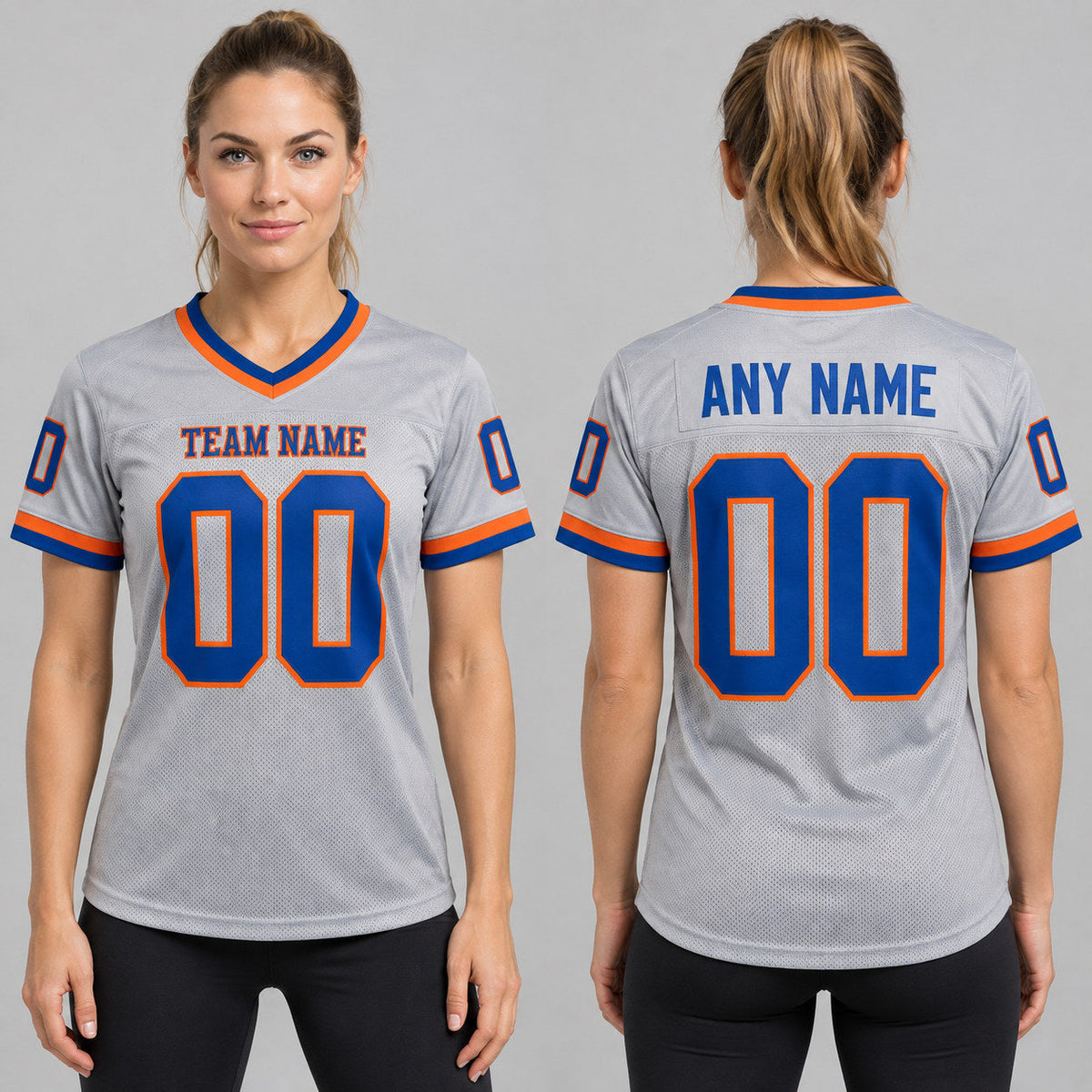 Custom Gray Mesh Authentic Football Jersey with Royal and Orange Lettering Design 0859 worn by female model