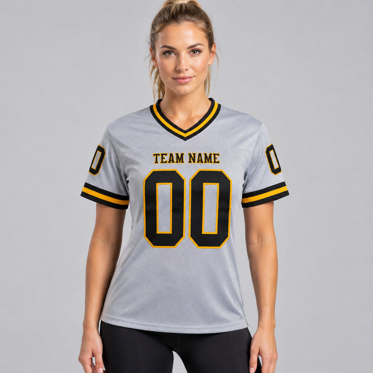 Custom Gray Mesh Authentic Football Jersey with Black and Old Gold Lettering Design 0891 worn by female model