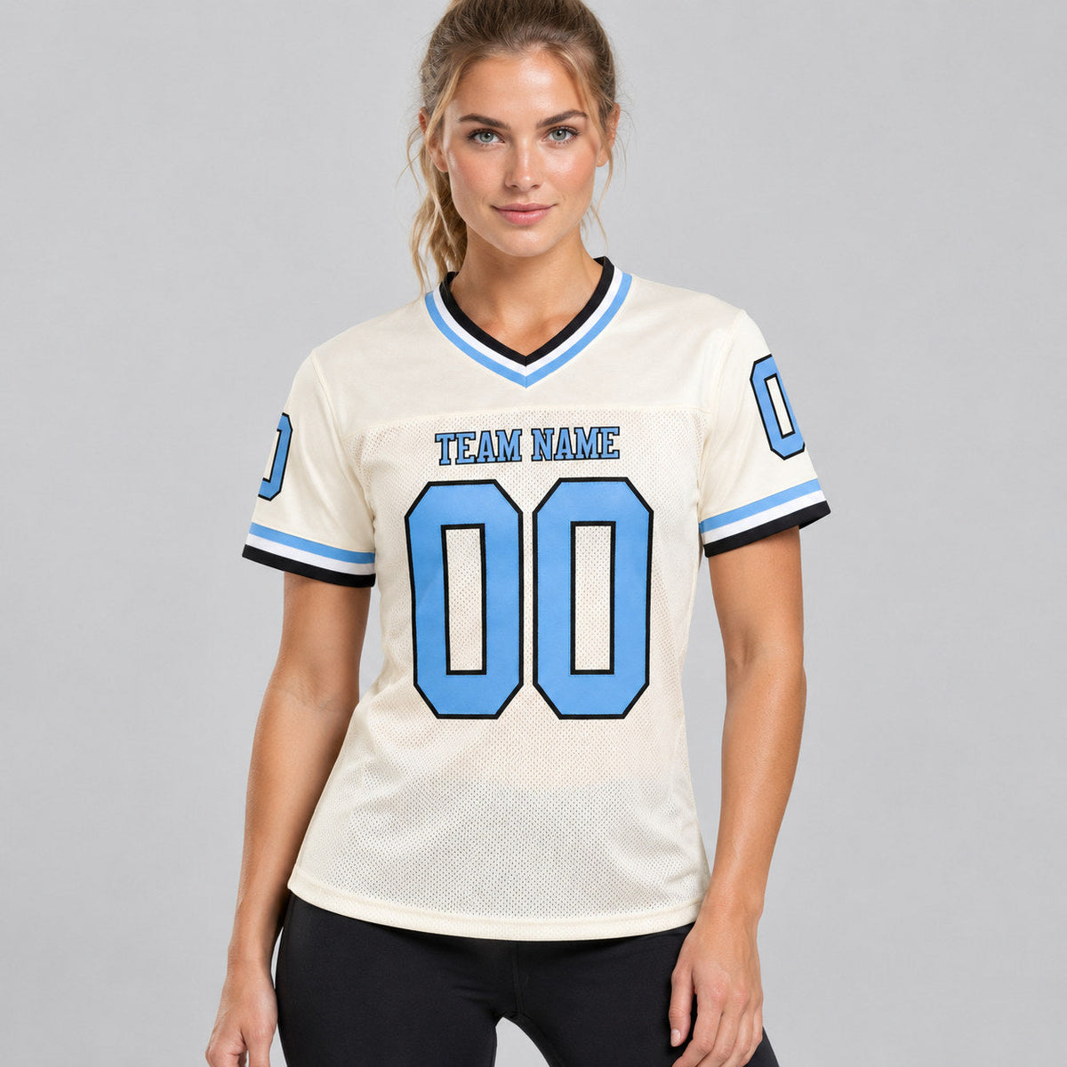 Custom Cream and Light Blue Mesh Authentic Football Jersey with Black and White Lettering worn by female model