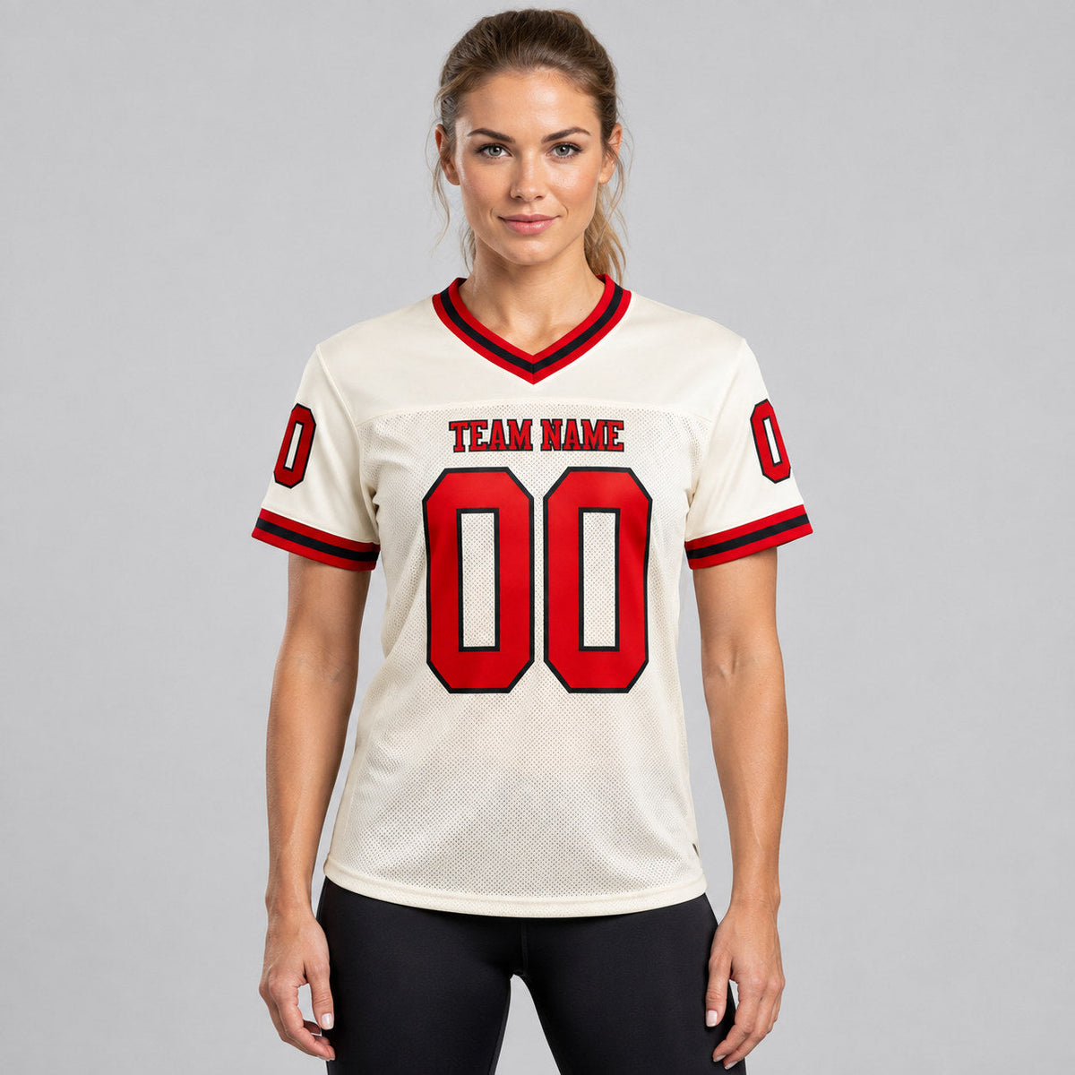 Custom Cream Mesh Authentic Football Jersey with Red and Black Lettering Design 0855 worn by female model