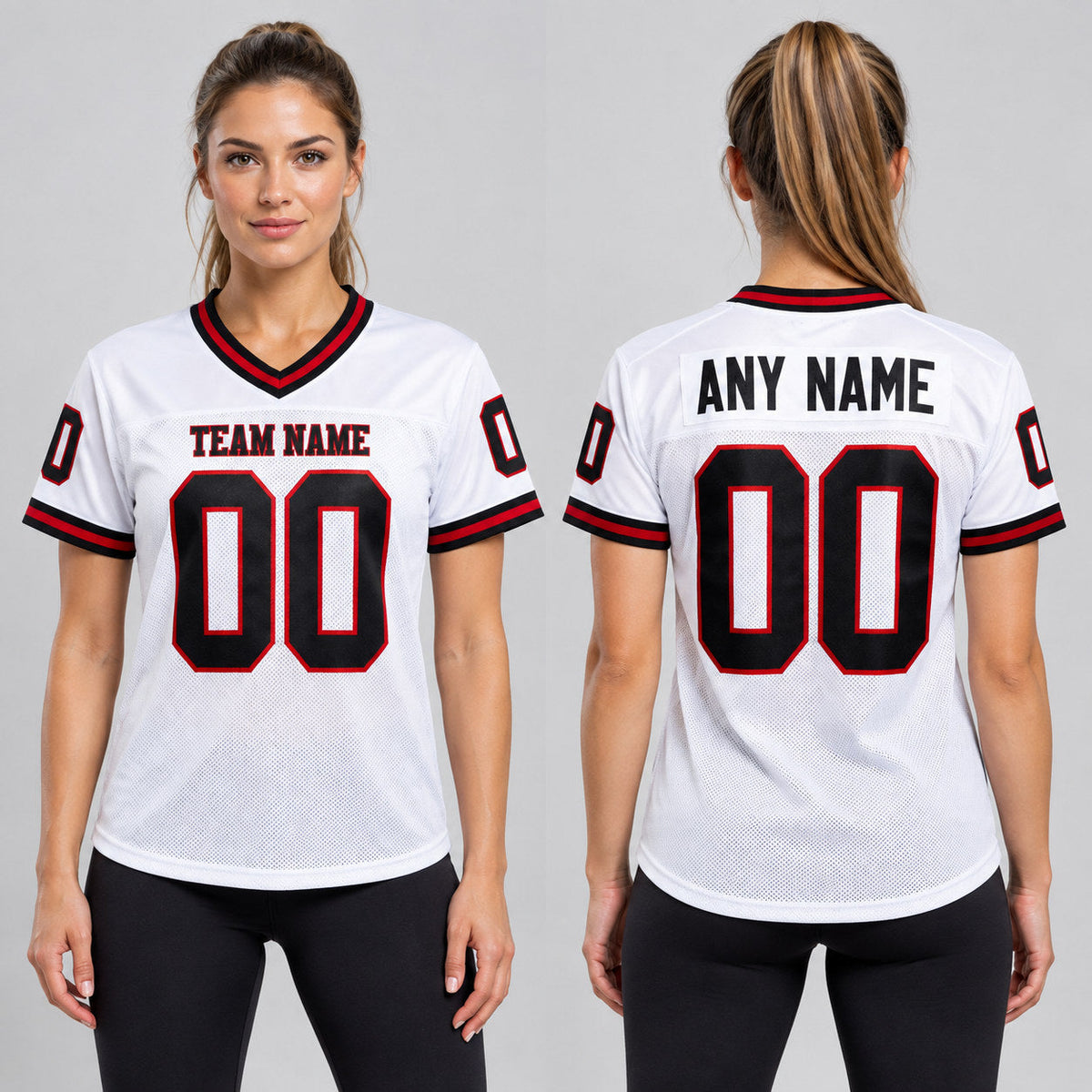 Custom White Mesh Authentic Football Jersey with Black and Red Lettering Design 1894 worn by female model