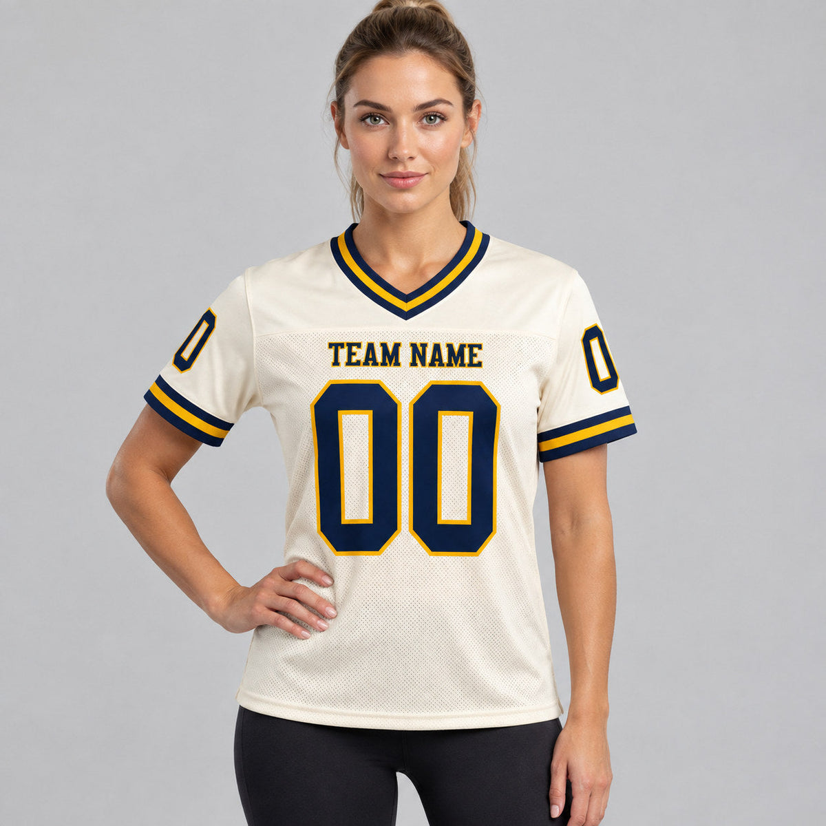Custom Cream Mesh Authentic Football Jersey with Navy and Gold Lettering Design 0853 worn by female model