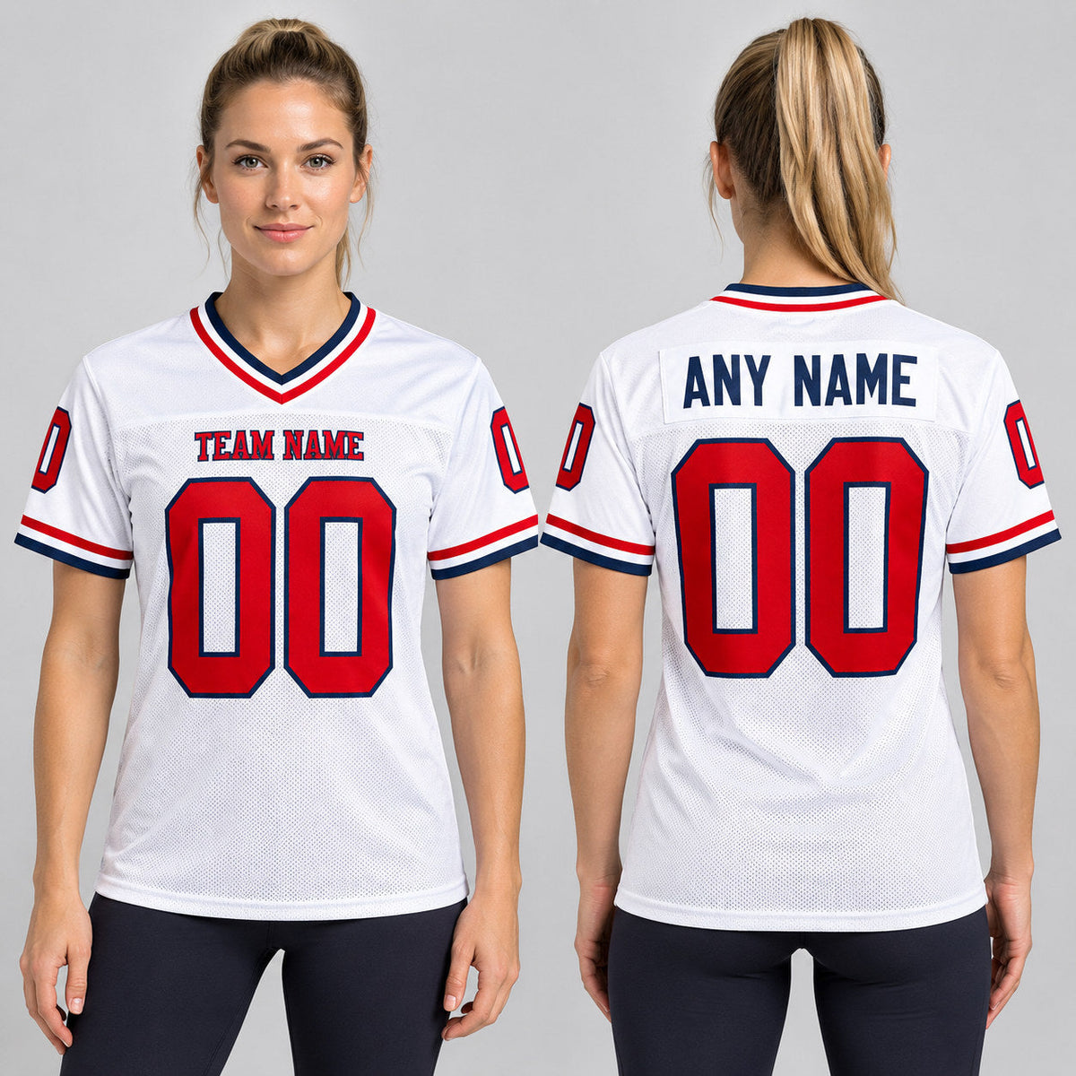 Custom White Mesh Authentic Football Jersey with Red and Navy Lettering Design 1881 worn by female model