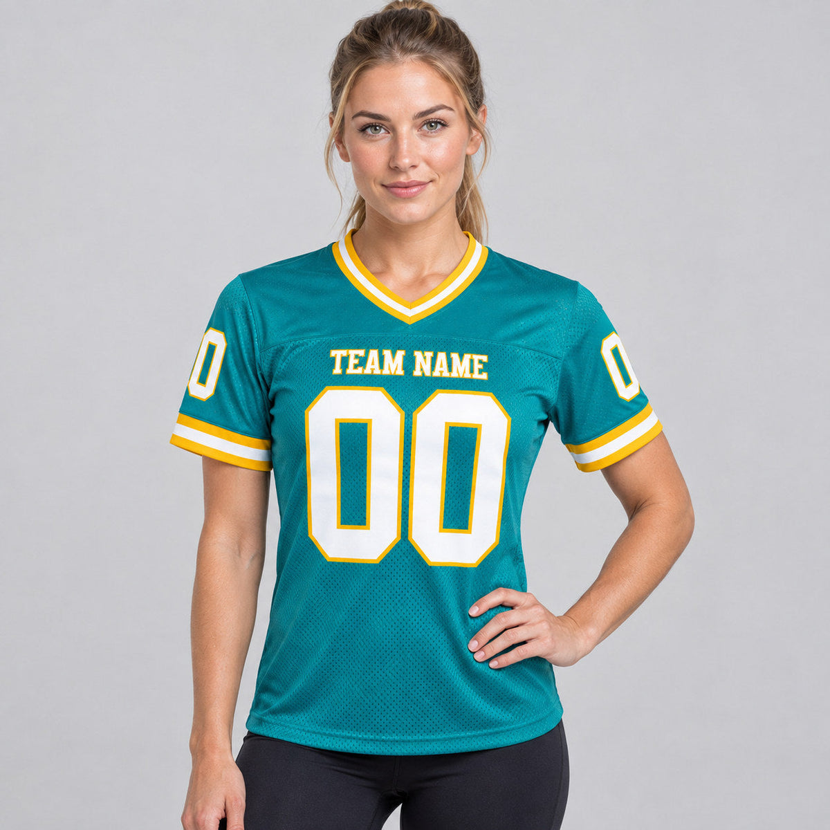 Custom Aqua Mesh Authentic Football Jersey with White and Gold Lettering Design 0239 worn by female model