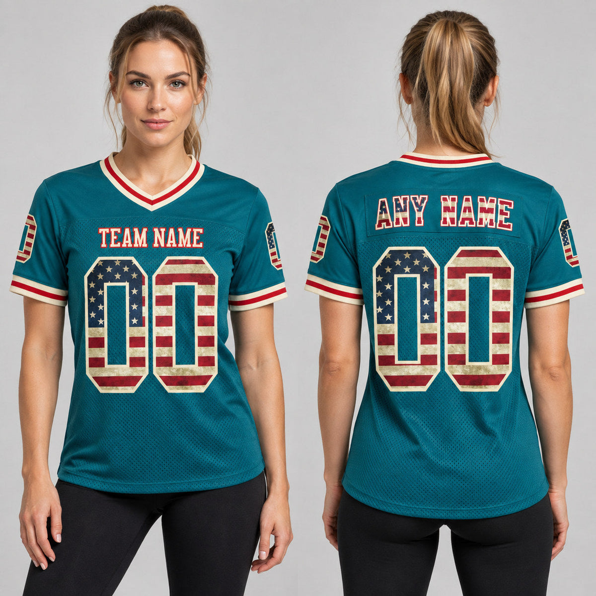 Custom Teal Vintage USA Flag Mesh Authentic Football Jersey with Cream and Red Lettering worn by female model