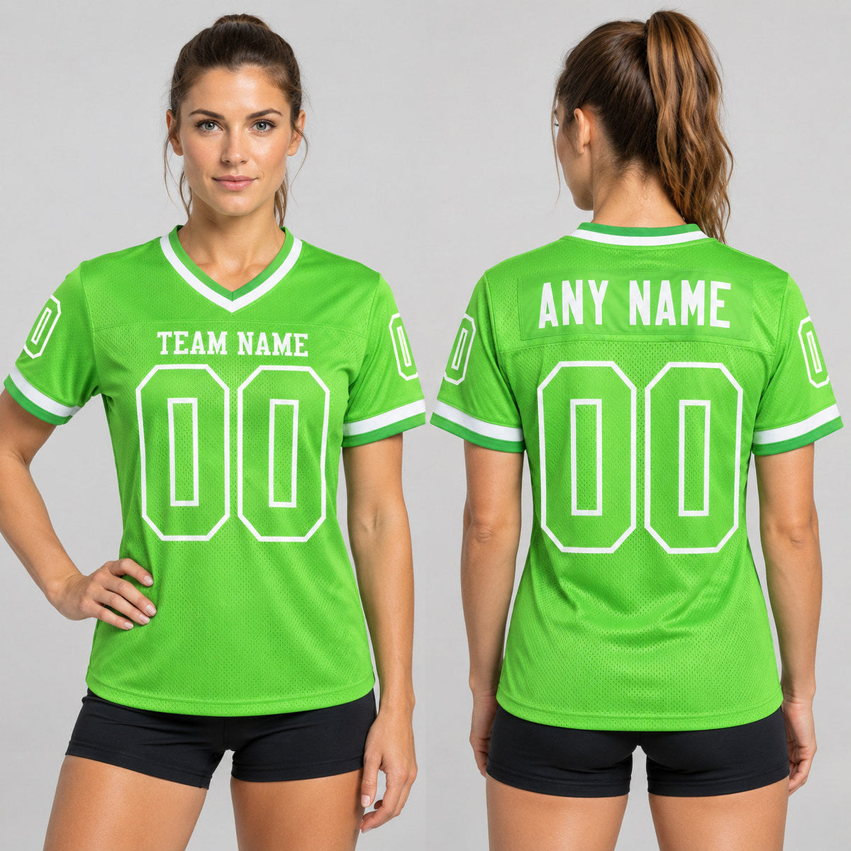 Custom Neon Green Mesh Authentic Football Jersey with White Lettering Design 0244 worn by female model