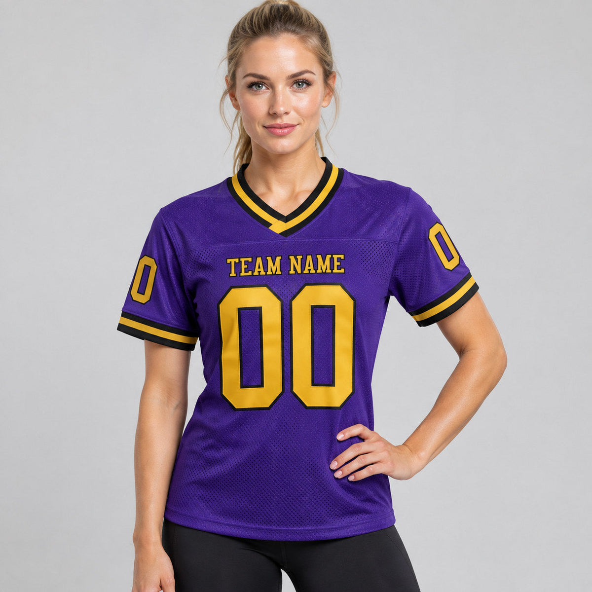 Custom Purple Mesh Authentic Football Jersey with Old Gold and Black Lettering Design 0700 worn by female model