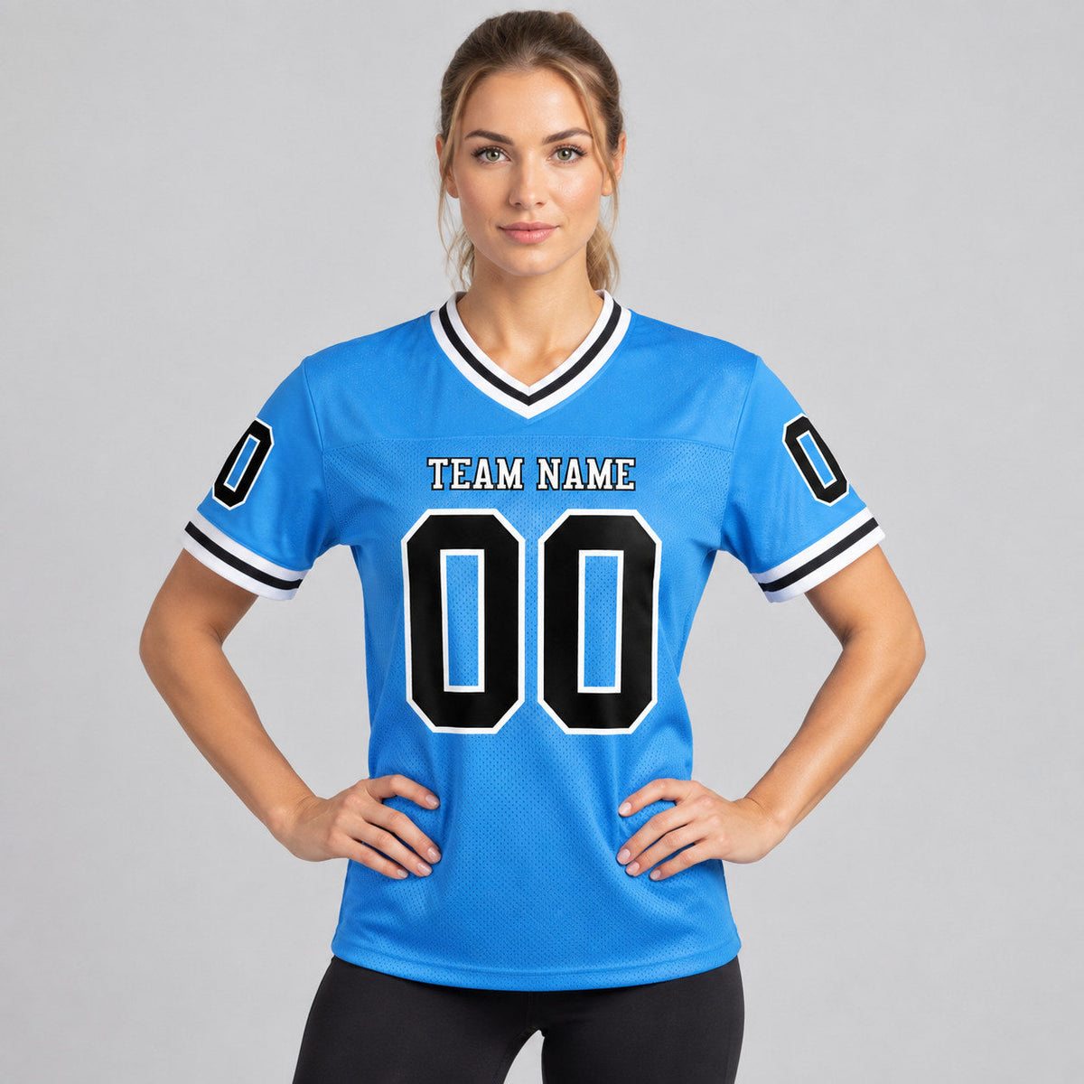 Custom Powder Blue Mesh Authentic Football Jersey with Black and White Lettering Design 0142 worn by female model