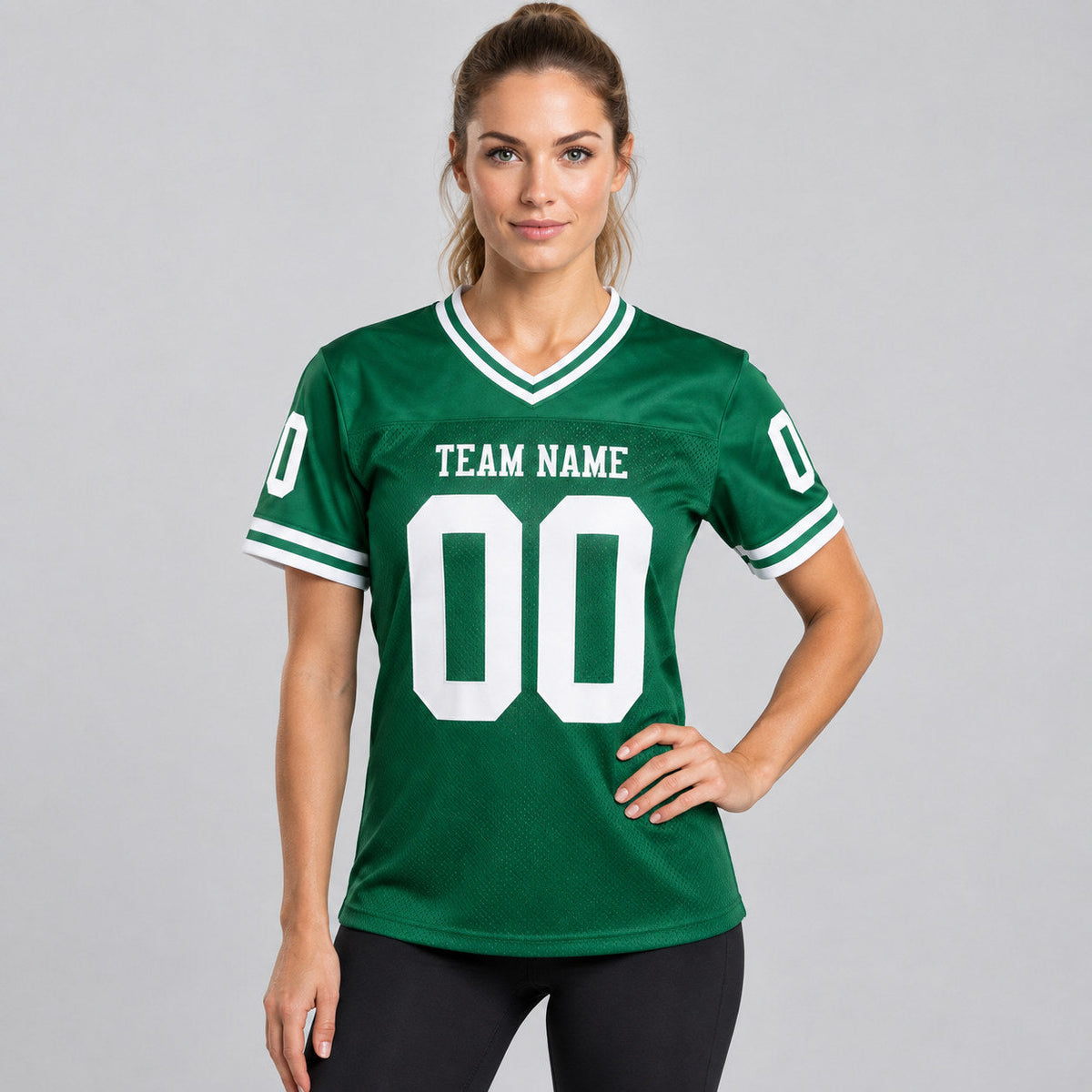 Custom Kelly Green Mesh Authentic Football Jersey with White Lettering Design 0631 worn by female model