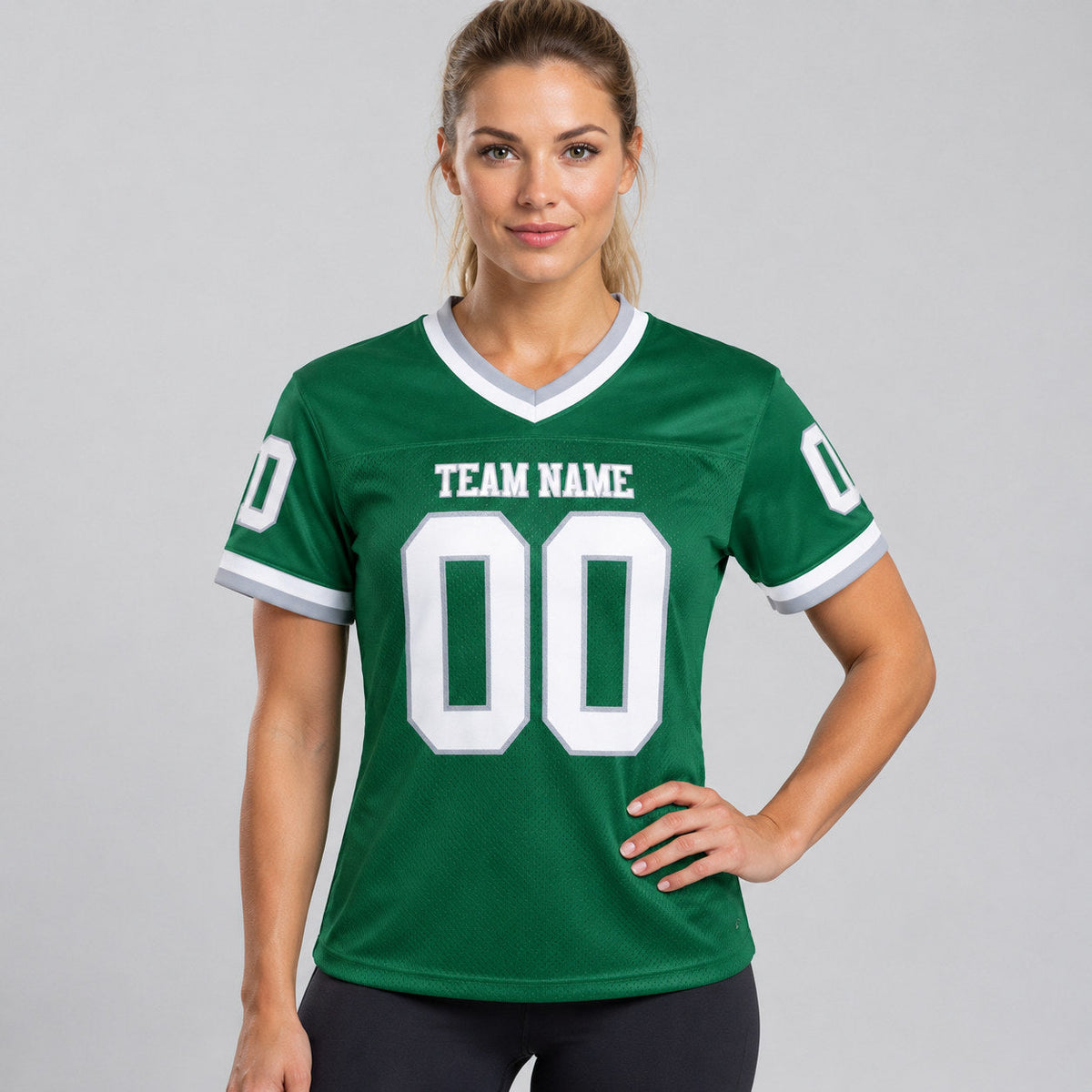 Custom Kelly Green Mesh Authentic Football Jersey with White and Gray Lettering Design 0614 worn by female model
