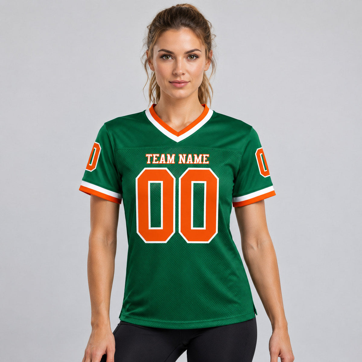 Custom Kelly Green Mesh Authentic Football Jersey with Orange and White Lettering Design 0613 worn by female model