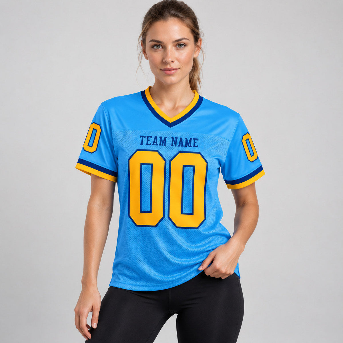 Custom Powder Blue Mesh Authentic Football Jersey with Gold and Royal Lettering worn by female model