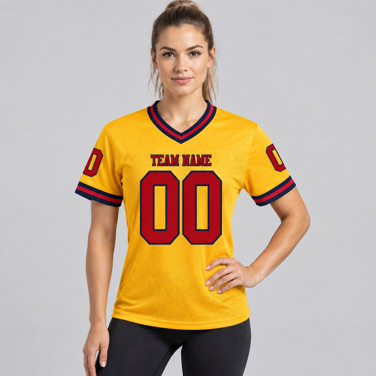 Custom Gold Mesh Authentic Football Jersey with Red and Navy Lettering Design 0566 worn by female model