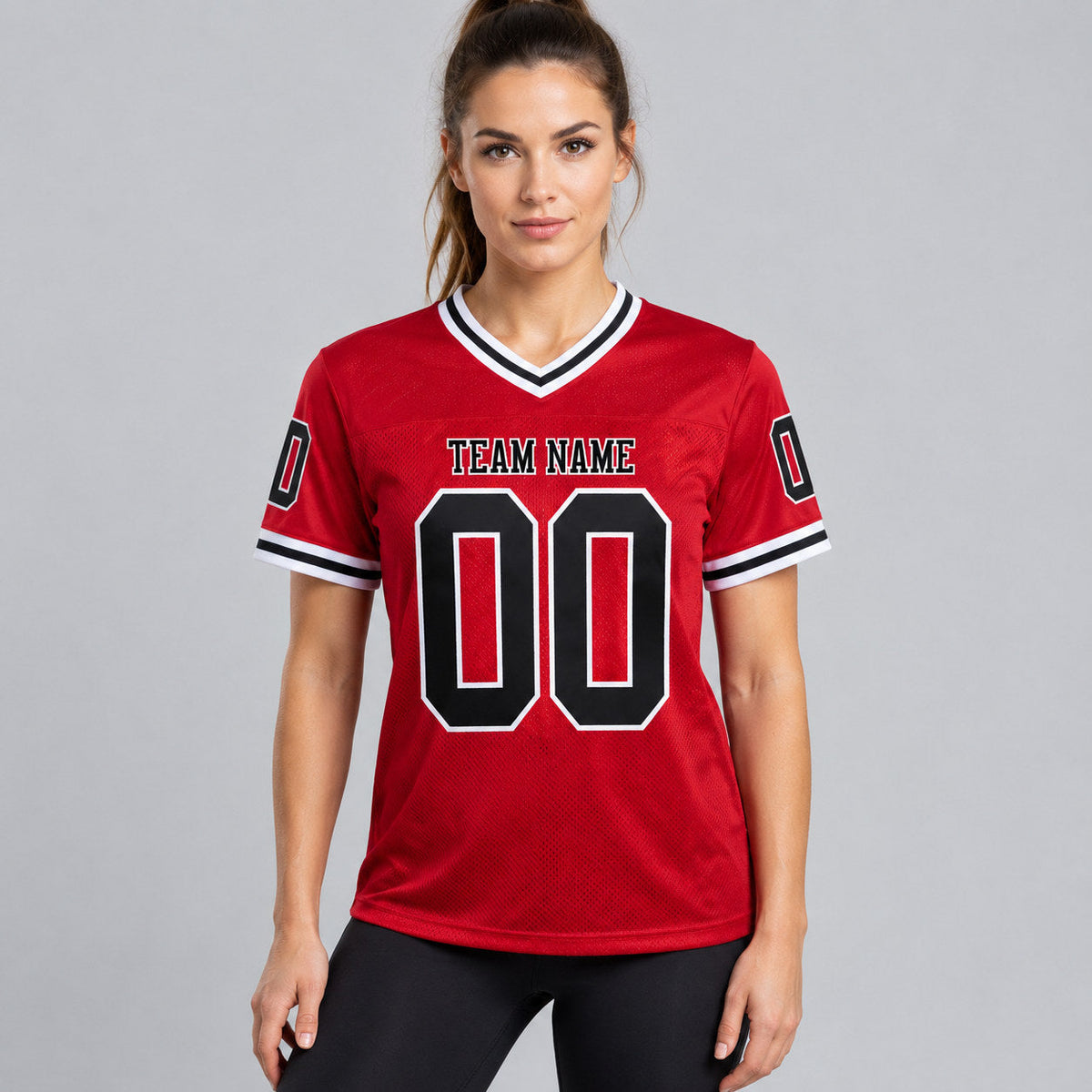 Custom Red Mesh Authentic Football Jersey with Black and White Lettering Design 0787 worn by female model