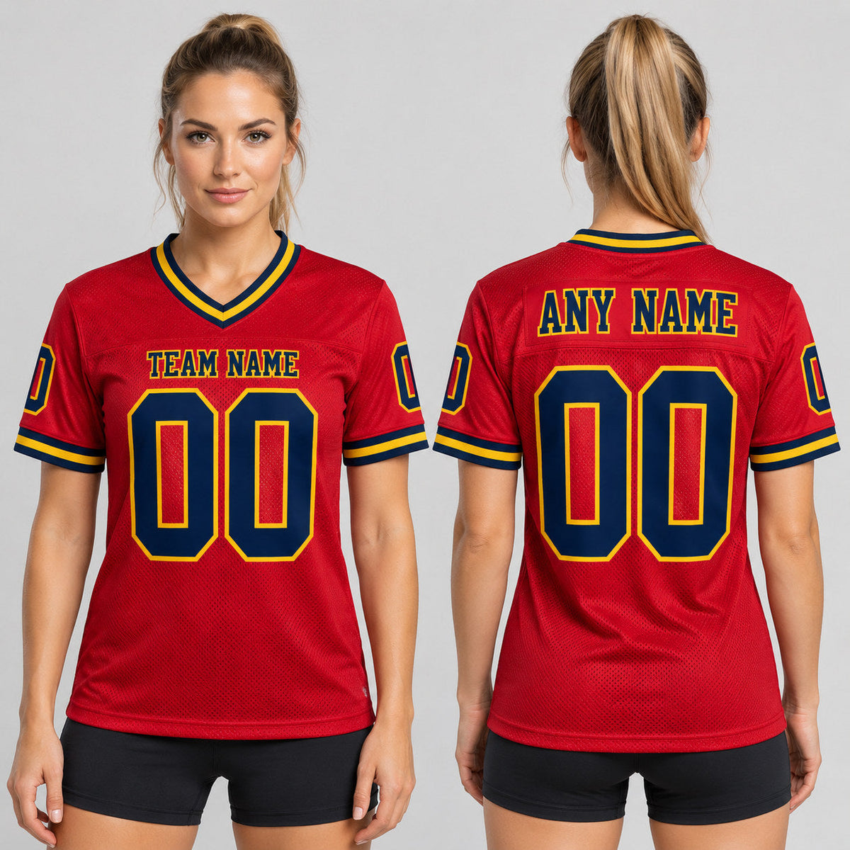 Custom Red Mesh Authentic Football Jersey with Navy and Gold Lettering worn by female model