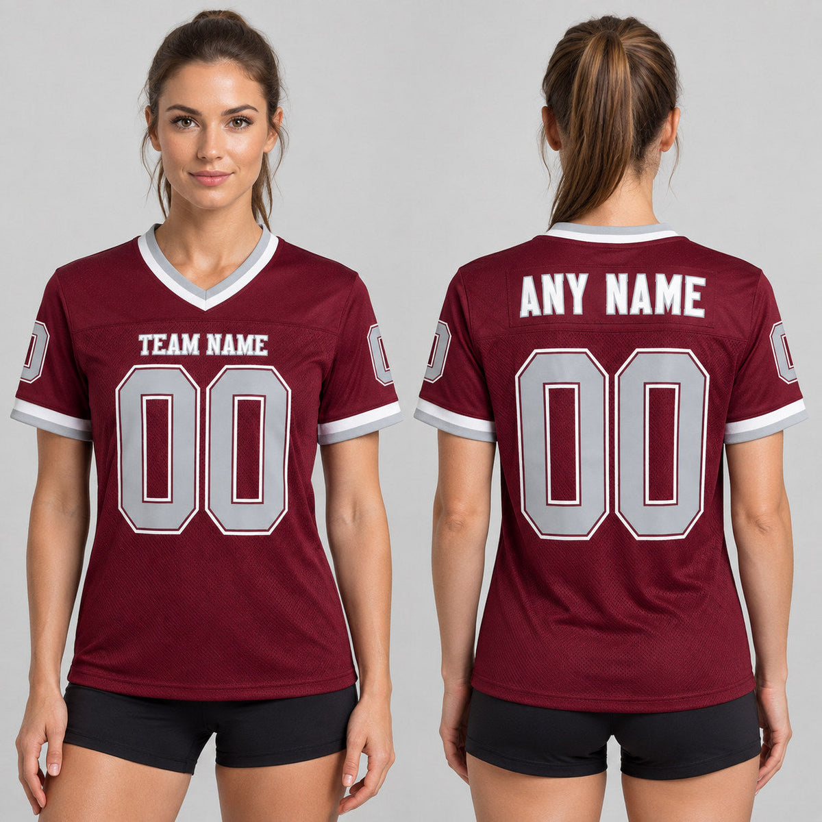 Custom Burgundy Mesh Authentic Football Jersey with Gray and White Lettering Design 0138 worn by female model